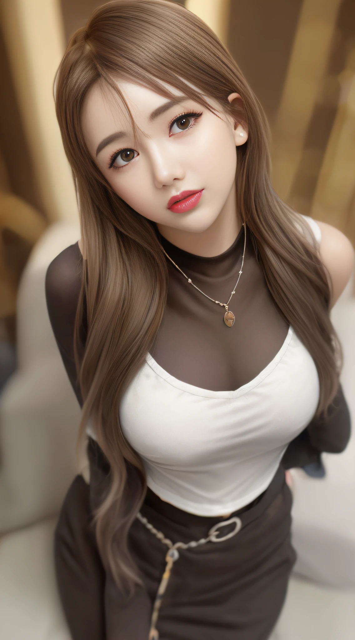 Top quality, masterpiece, high resolution, girl single, hair ornament, necklace, jewelry, beautiful face, body, tyndall effect, photorealistic, dark studio, rim lighting, two-tone lighting, (high definition skin: 1.2), 8k uhd, dslr, soft lighting, high quality, volume lighting, candid, photography, high resolution, 4k, 8k, bokeh, medium breasts, open fingers, (hair color: brown hair: 1)