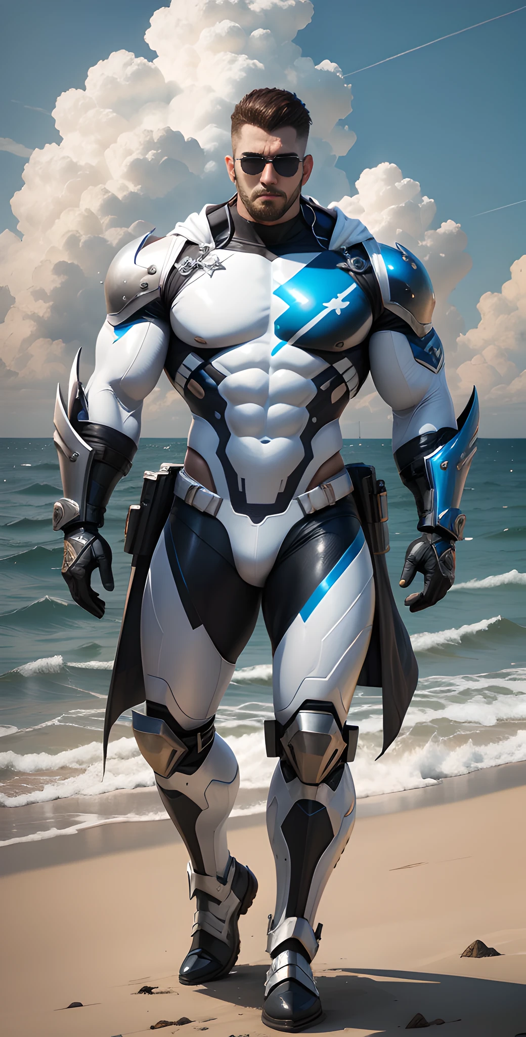 Arad man in white and blue clothes standing by the sunny sea, muscular male hero, conceptual art like Ernest Khalimov, heroic male pose, muscular! Wearing black sunglasses, round head Buzz Cut, cyberpunk, stealth suit, super buff and cool, high resolution committee, Chris Redfield, Jigachard muscle, Ernest Khalimov body, character design police, black military boots, charismatic strong male with armor