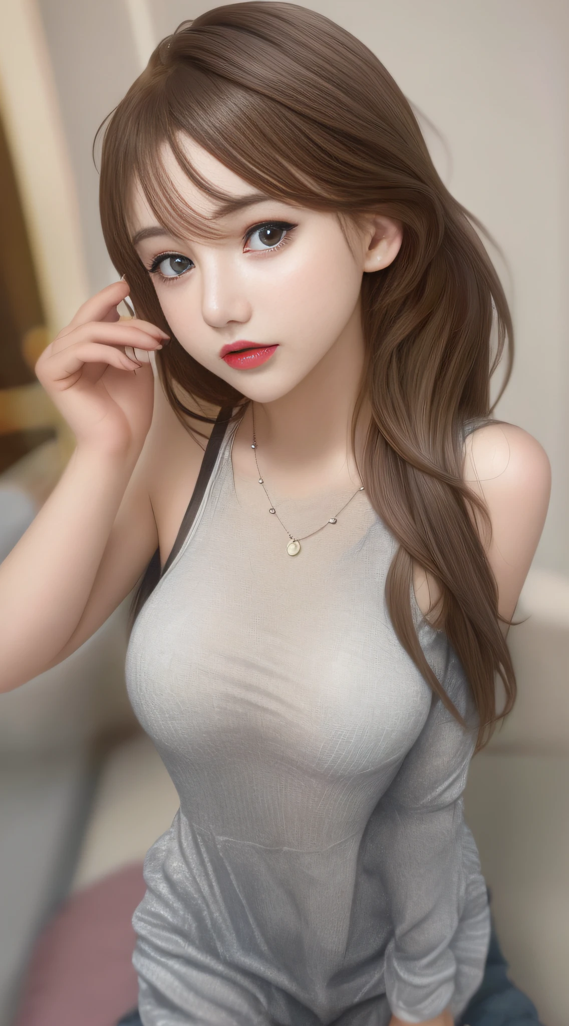 Top quality, masterpiece, high resolution, girl single, hair ornament, necklace, jewelry, beautiful face, body, tyndall effect, photorealistic, dark studio, rim lighting, two-tone lighting, (high definition skin: 1.2), 8k uhd, dslr, soft lighting, high quality, volume lighting, candid, photography, high resolution, 4k, 8k, bokeh, medium breasts, open fingers, (hair color: brown hair: 1)