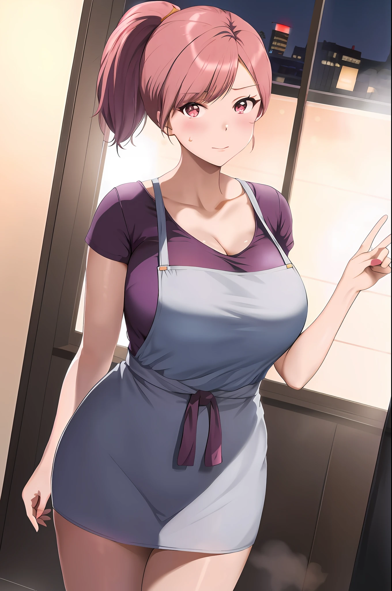 anime - style image of a woman in a short dress with a ponytail, misato katsuragi, thicc, oppai, juri misaki, (sfw) safe for work, oppai proportions, in the kitchen, marin kitagawa fanart, female protagonist 👀 :8, seductive anime girl, anime moe artstyle, full body portrait of a short! , milf