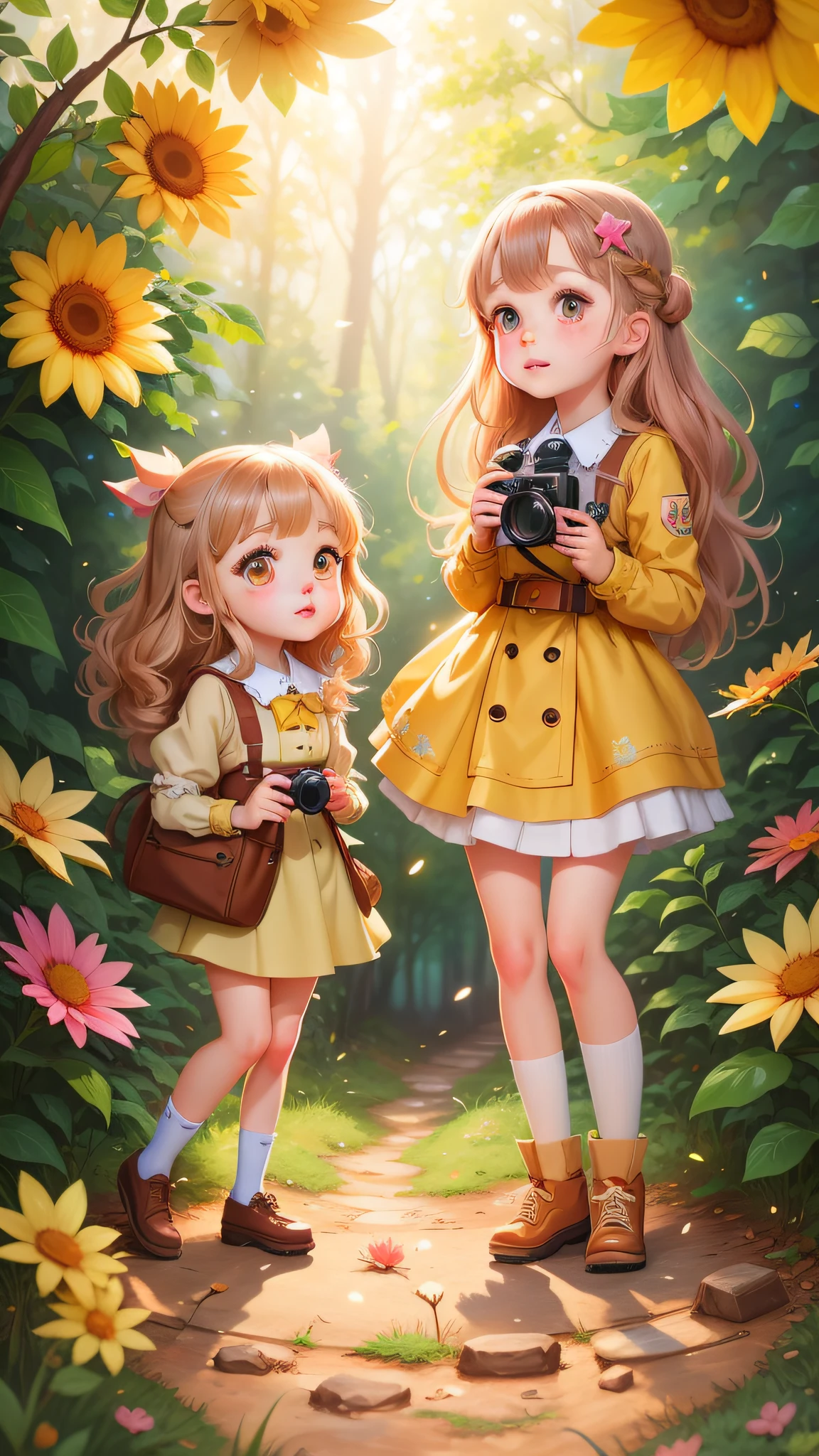 there are two girls standing in the woods with a camera, cute art style, cute detailed digital art, cute digital art, childrens art in artstation, cute detailed artwork, adorable digital painting, digital anime illustration, detailed fanart, anime style illustration, cute illustration, a beautiful artwork illustration, kawaii realistic portrait, official fanart, beautiful painting of friends, anime illustration