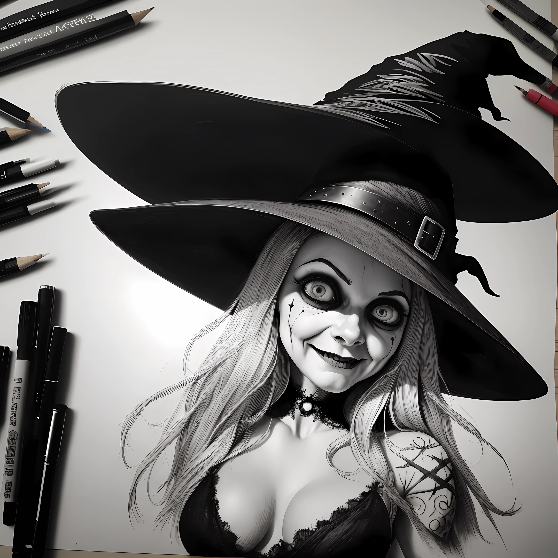 Witch, old, squeaky marks, creepy macabre look, mesmerizing big eyes, terror, macabre smile, creepy smile -- breasts, neckline breasts -- sinister pose, terrifying pose, scary scene, terror -- witch hat, traditional witch hat -- simple details -- pencil drawing, realistic, utrarealist, black and white, grayscale -- shadow light, backlight, professional finish -- normal perspective, high definition, highly detailed -- drawing on paper,  tattoo design