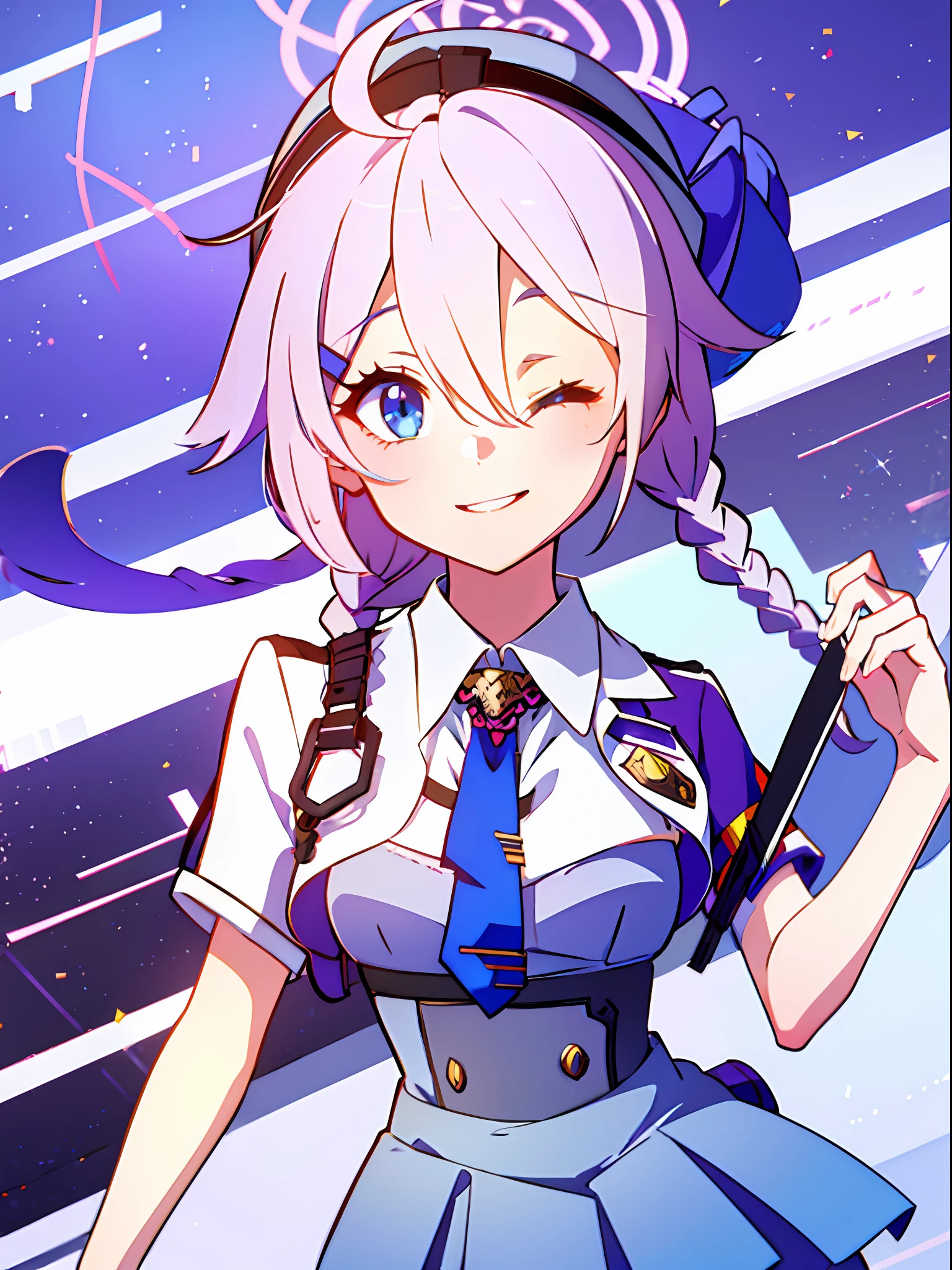 1girl, solo, ahoge, hair ornament, twin braids, necktie, halo, bangs, hair between eyes, blue eyes, shirt, skirt, hat, smile, one eye closed