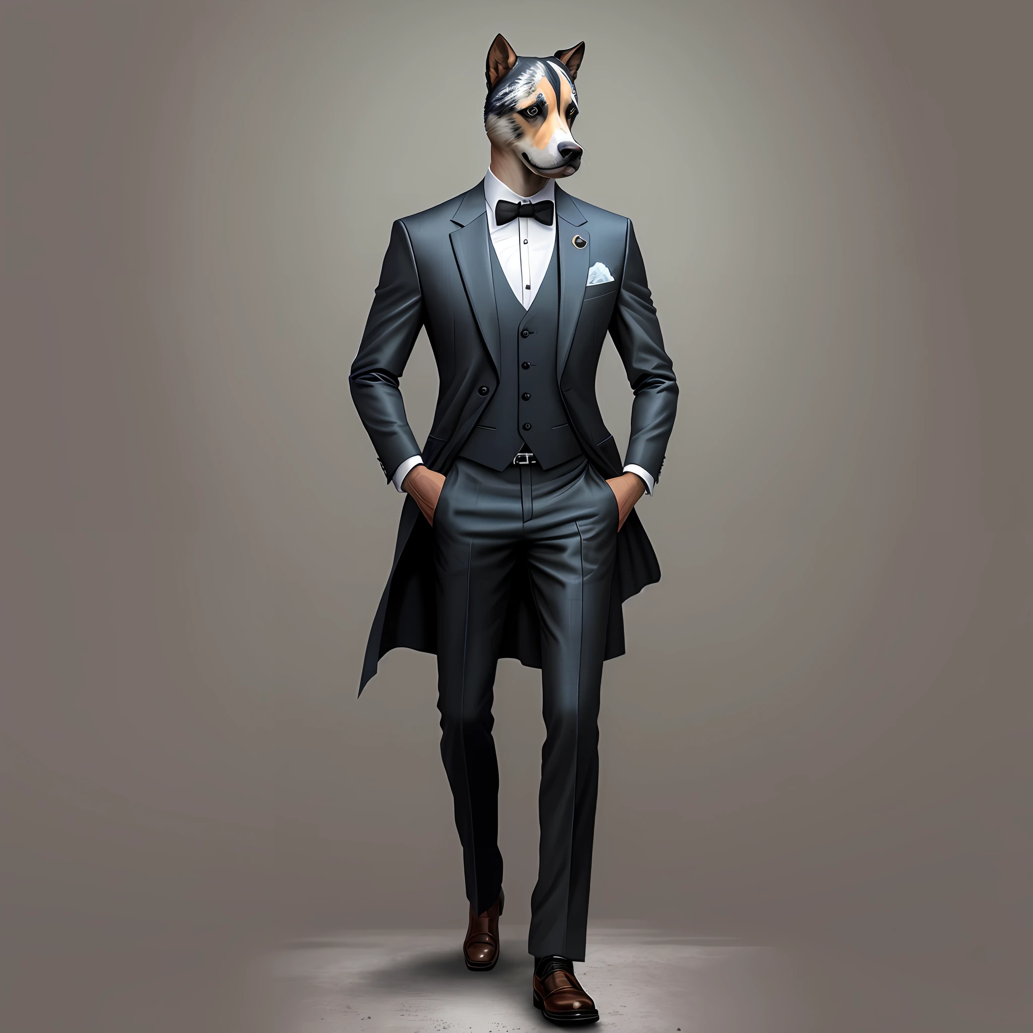 Alaskan doghead, gentleman in suit, underworld, full body standing painting