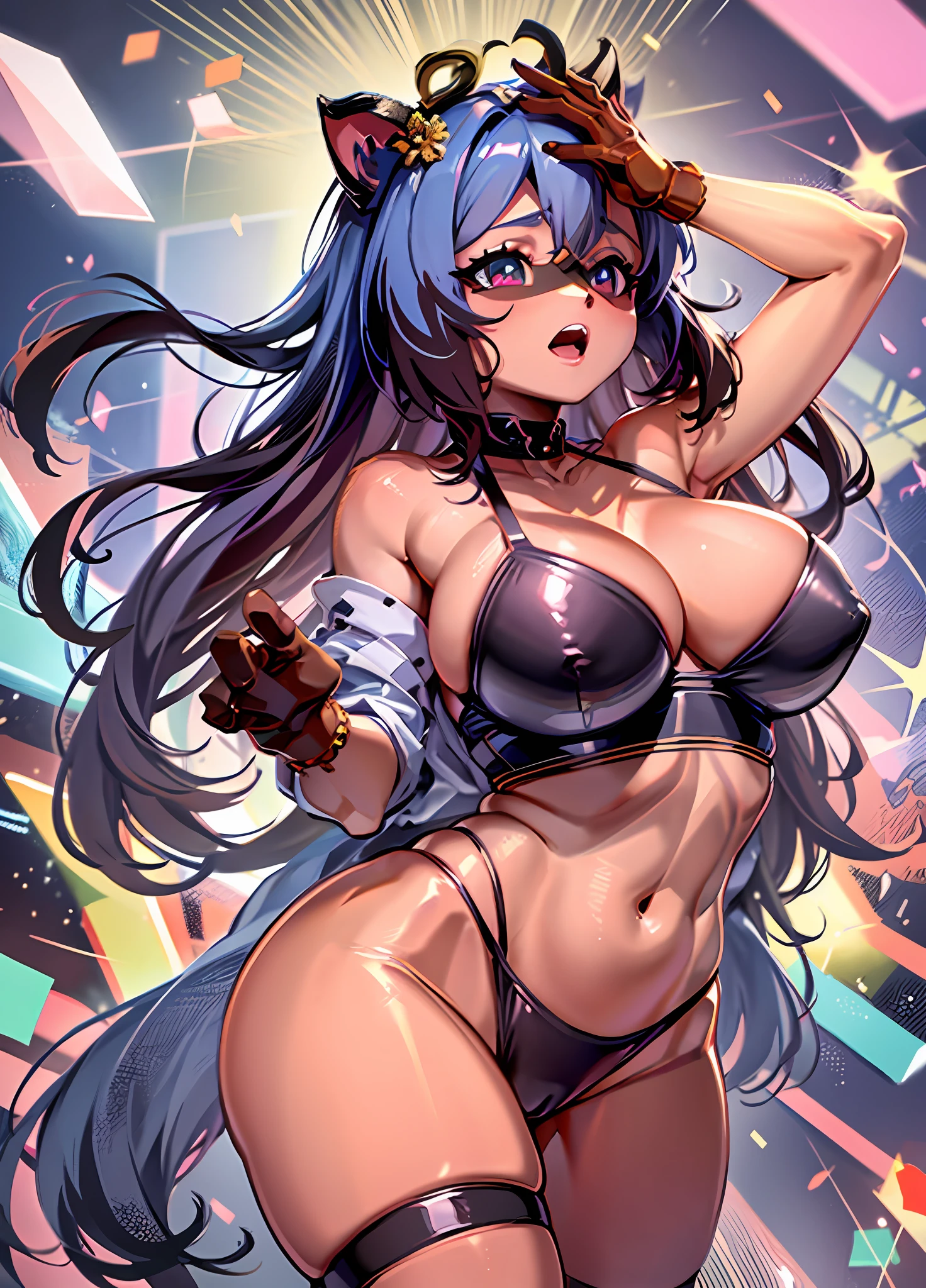 A dynamic and alluring depiction of Michiru Kagemori, with a stunning focus on her curvaceous movements as she playfully shakes her hips, amidst a backdrop of vibrant colors and lively, upbeat music.