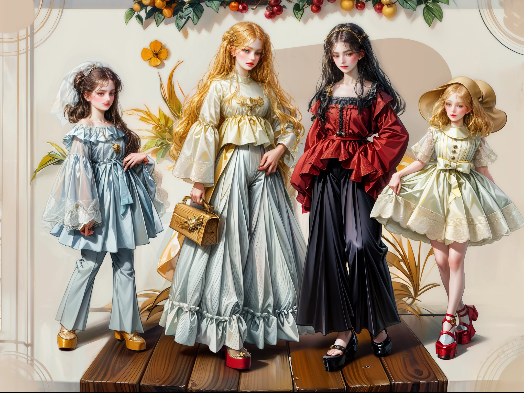 Masterpiece, best quality, portrait of 1girl, full body, catwalk, 4 girls standing, modern clothes, pants, flared pants, Mary Jane platform shoes, fashion