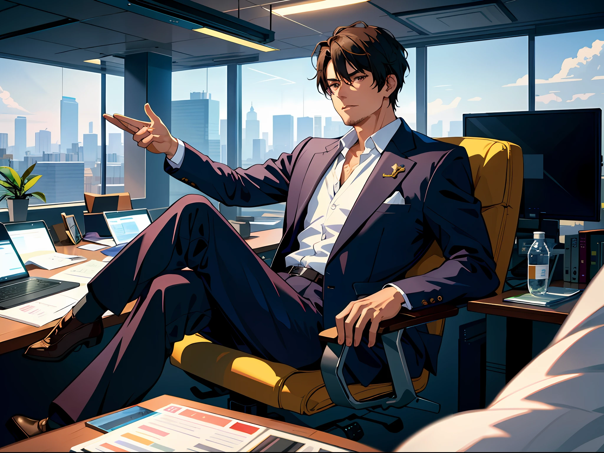 anime man sitting in a chair pointing at something in a room, handsome anime pose, anime handsome man, kentaro miura art style, kentaro miura art, shigenori soejima illustration, kentaro miura style, anime portrait of a handsome man, official character illustration, kentaro miura manga art style, badass anime 8 k, official character art