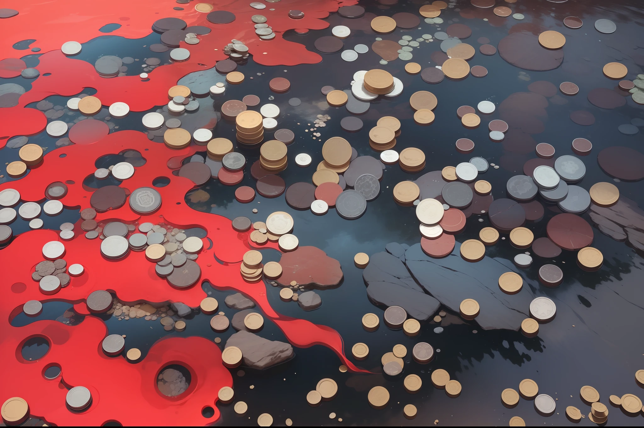 Coins falling into a shallow river, and bouncing off the rocks. As they start clicking, a blood-like substance begins to flow between the spaces of the rocks, staining the entirety of the river red by the end. --auto --s2