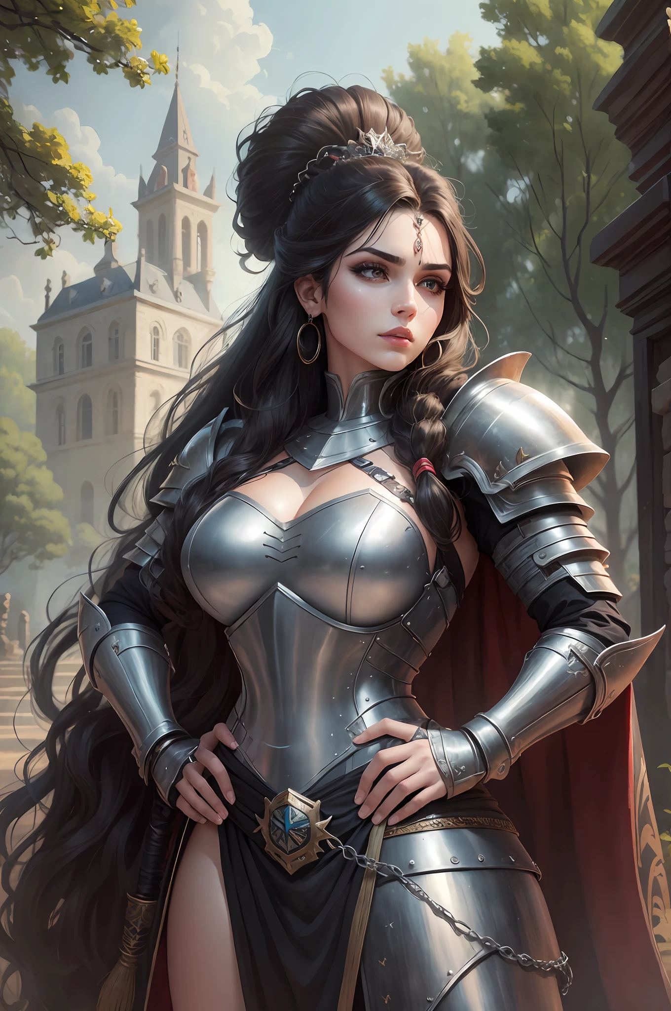 (8k), (real photography), (masterpiece: 1.2), (best quality: 1.2), perfect eyes, perfect face, volumetric light, 1girl, tall and mature Persian female warrior, muscular, long hair, bouffant Puff cut, heavy armor, huge shoulder armor, gauntlets, cape, belt, spear, leather pants, stern expression, makeup, lipstick, eye shadow, mascara, thick eyelashes, dark fantasy, outdoors, detailed background , hands on hips --auto --s2