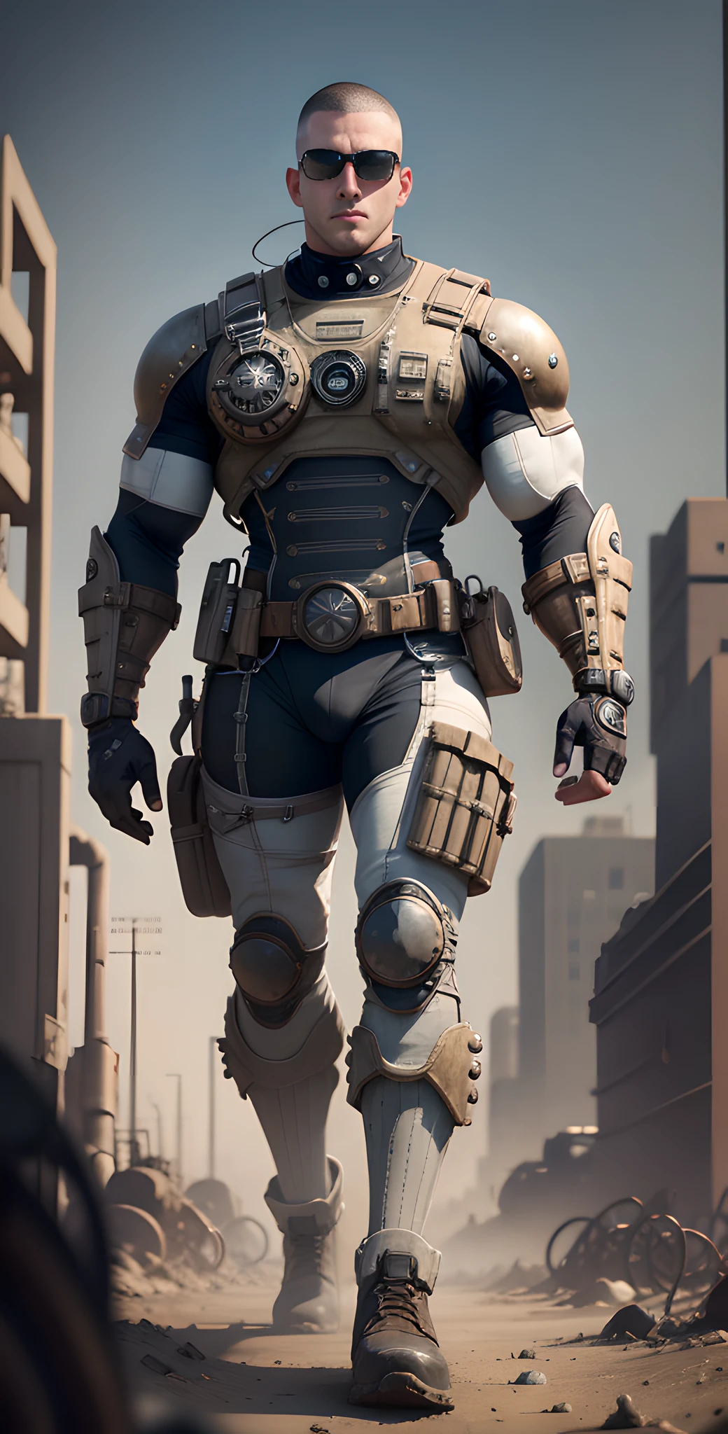 Male on the Wasteland, tall and burly, pure white tights, big muscles, big bumps, Buzz cut, black sunglasses, black military boots, buzz cut, steampunk style, steampunk art, complex mechanical devices such as gears, pipes, valves, (huge industrial building: 1.4), gray theme, retro futurism, crazy details, (Fujiflim XT3), 20 megapixels, detailed, cinematic particles,
