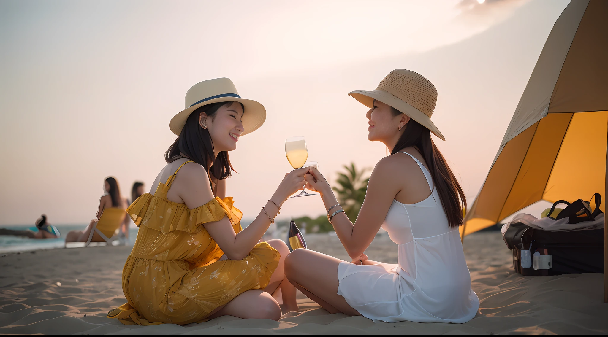 two women sitting on the beach holding glasses of wine, girl, drinking champagne, summer sun, summer setting, on a sunny day, holding a drink, two women, asian women, at a beach, on the beach during sunset, summer evening, holding a glass of wine, infp young woman, on a beach, holding glass of wine, cheers