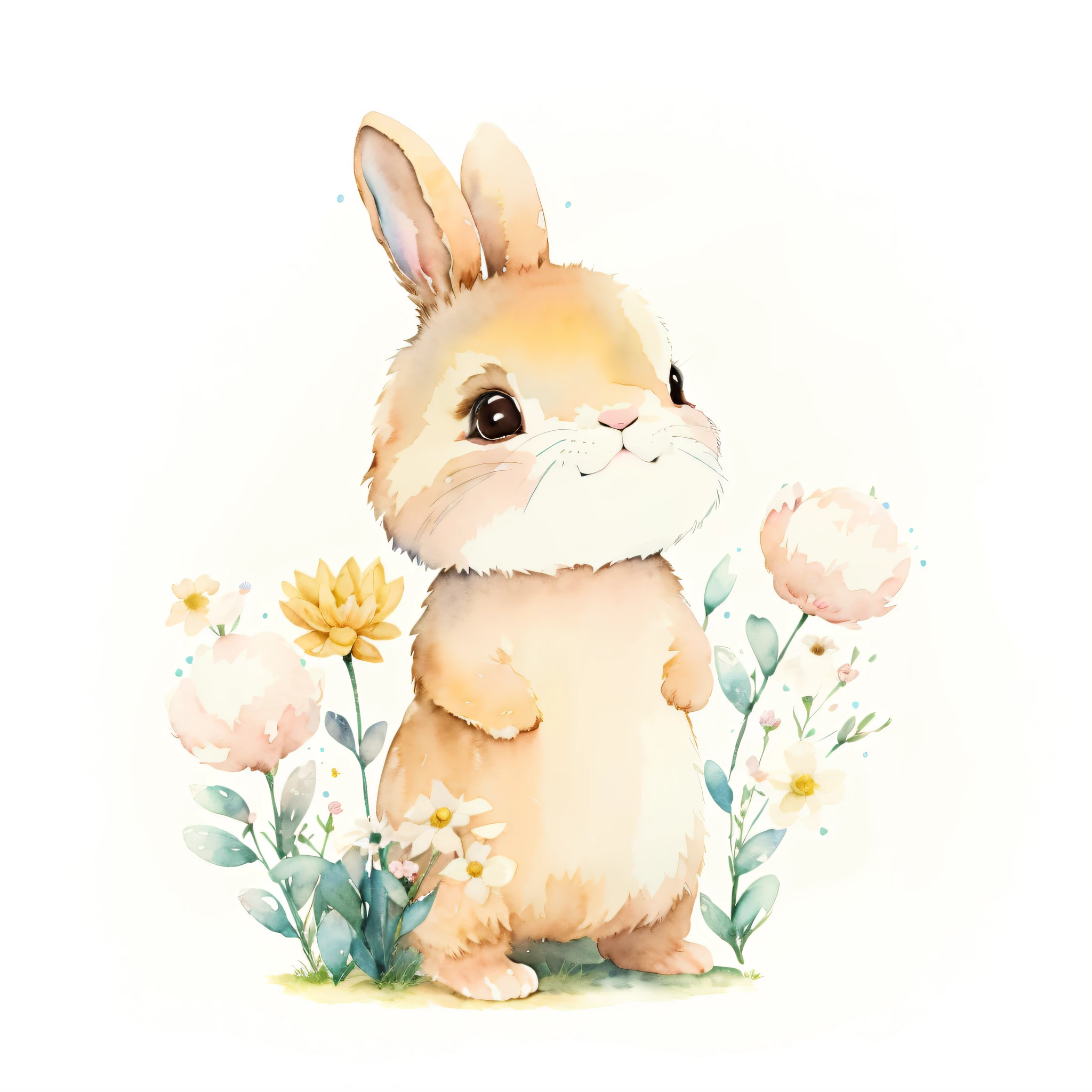 there is a watercolor painting of a rabbit with flowers, cute anthropomorphic bunny, bunny, rabbit, rabbit_bunny, cute illustration, cute digital art, the bunny has pink fur, with bunny rabbit ears, anthropomorphic rabbit, a rabbit full of hope, cute animal, the rabbit has pink fur, bunny leg, with big rabbit ears