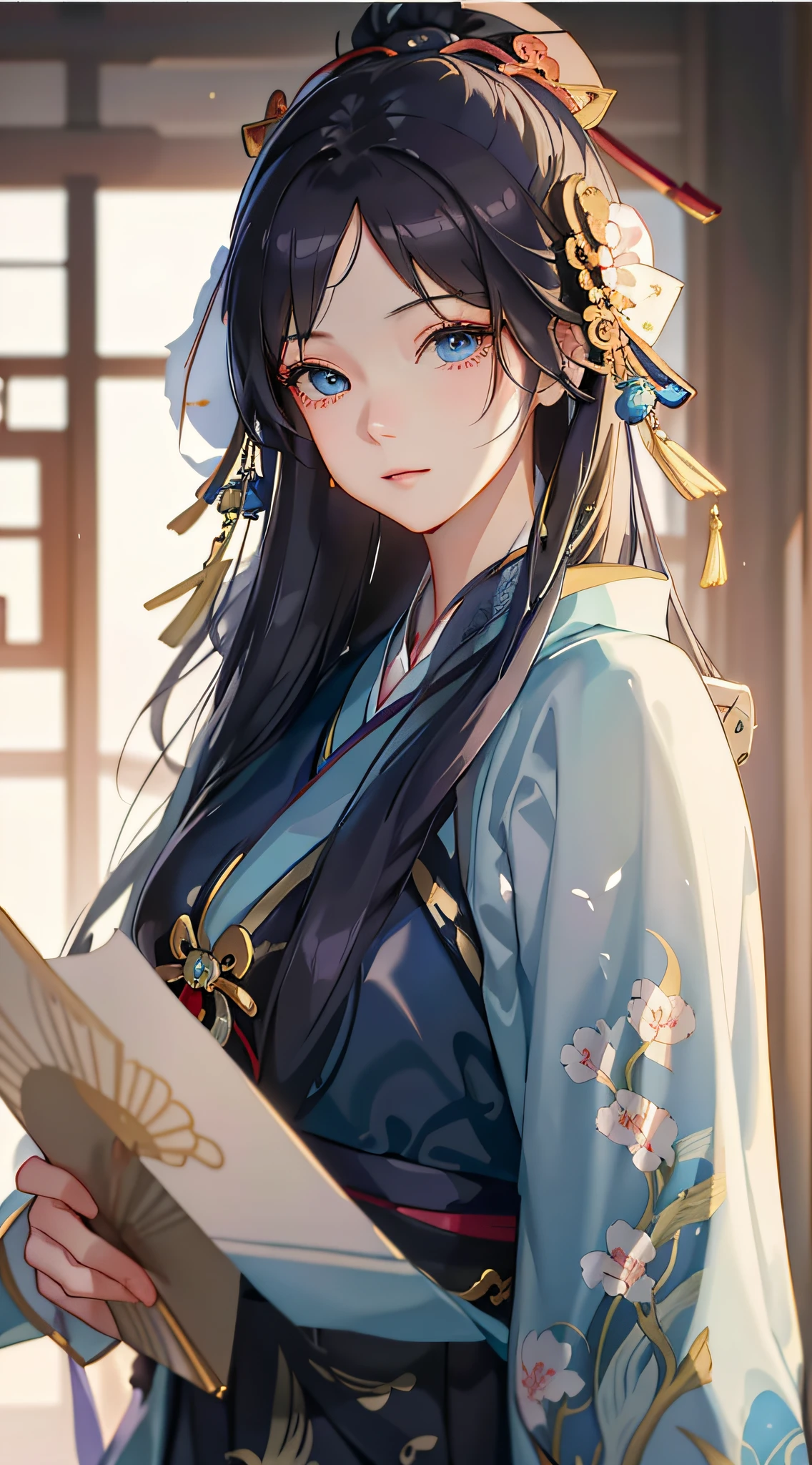 a close up of a woman in a kimono holding a piece of paper, palace , a girl in hanfu, artwork in the style of guweiz, beautiful character painting, beautiful anime portrait, guweiz, anime girl with long hair, beautiful anime girl, by Yang J, by Zhou Wenjing, chinese girl, flowing hair and long robes