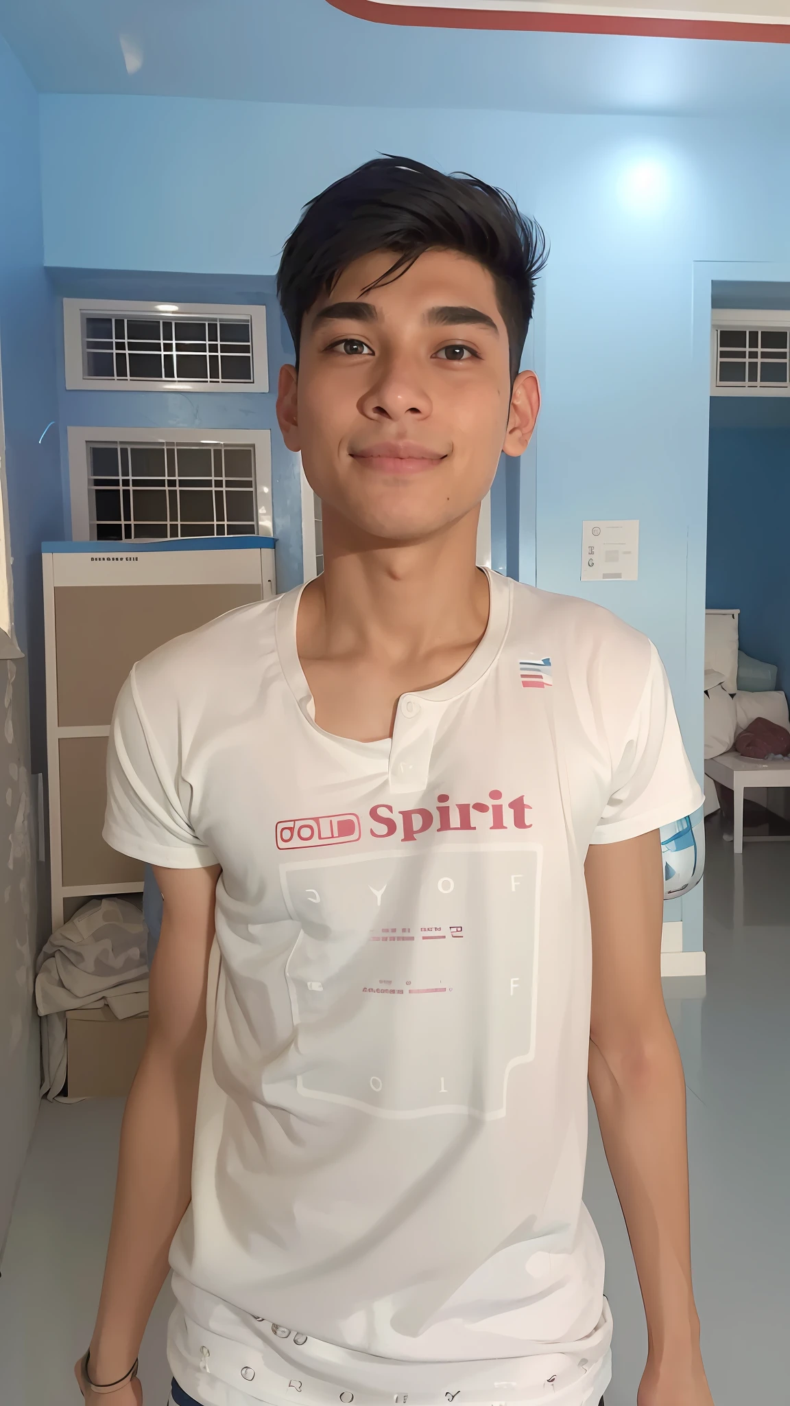 there is a man standing in a room with a blue wall, around 1 9 years old, with accurate face, six pack abs full body picture, ayan nag, front profile!!!!, vastayan, with kind face, with a beautifull smile, mohamed chahin, with a happy expression, potrait, portait image, friedly smile, 18 years old