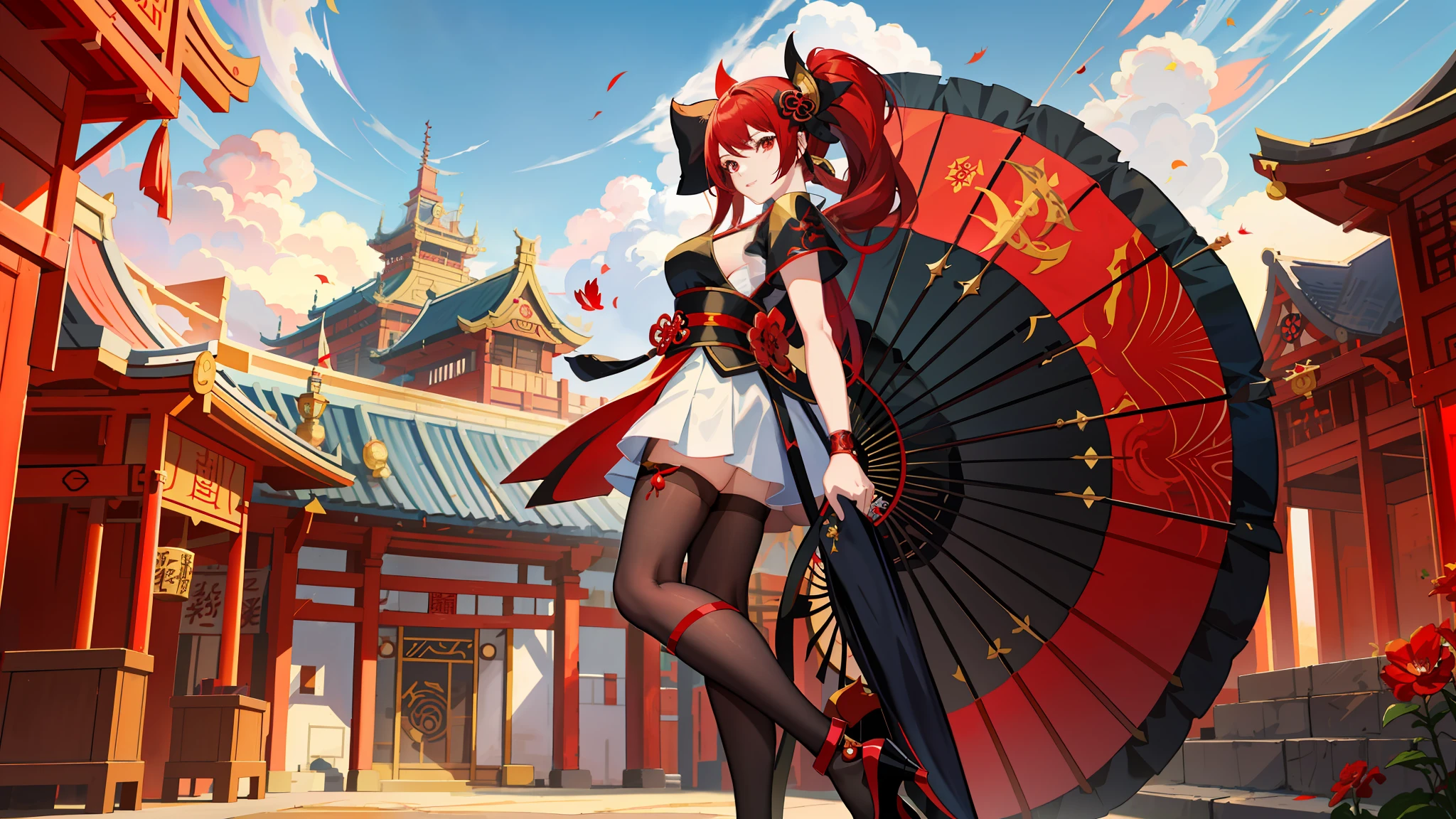 anime girl with red hair and a black and white dress holding a red and black umbrella, onmyoji, onmyoji detailed art, onmyoji portrait, character from king of fighters, cushart krenz key art feminine, bian lian, fighting game character, inspired by Pu Hua, king of fighters style, inspired by Ju Lian