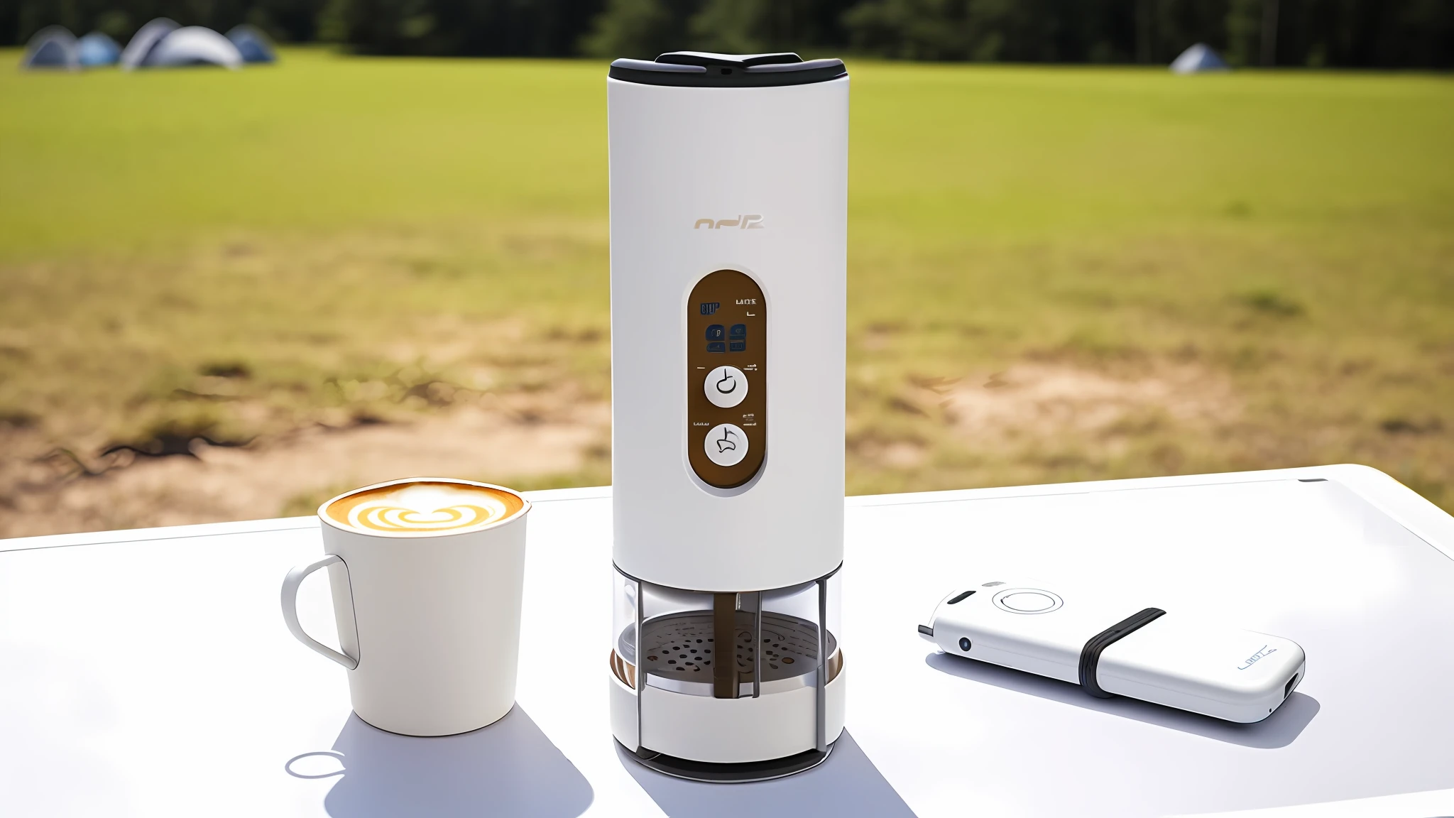 White portable coffee machine, placed on the outdoor camping table, well-lit, beautiful, product introduction photos, ambient light, clear focus, full view --auto --s2