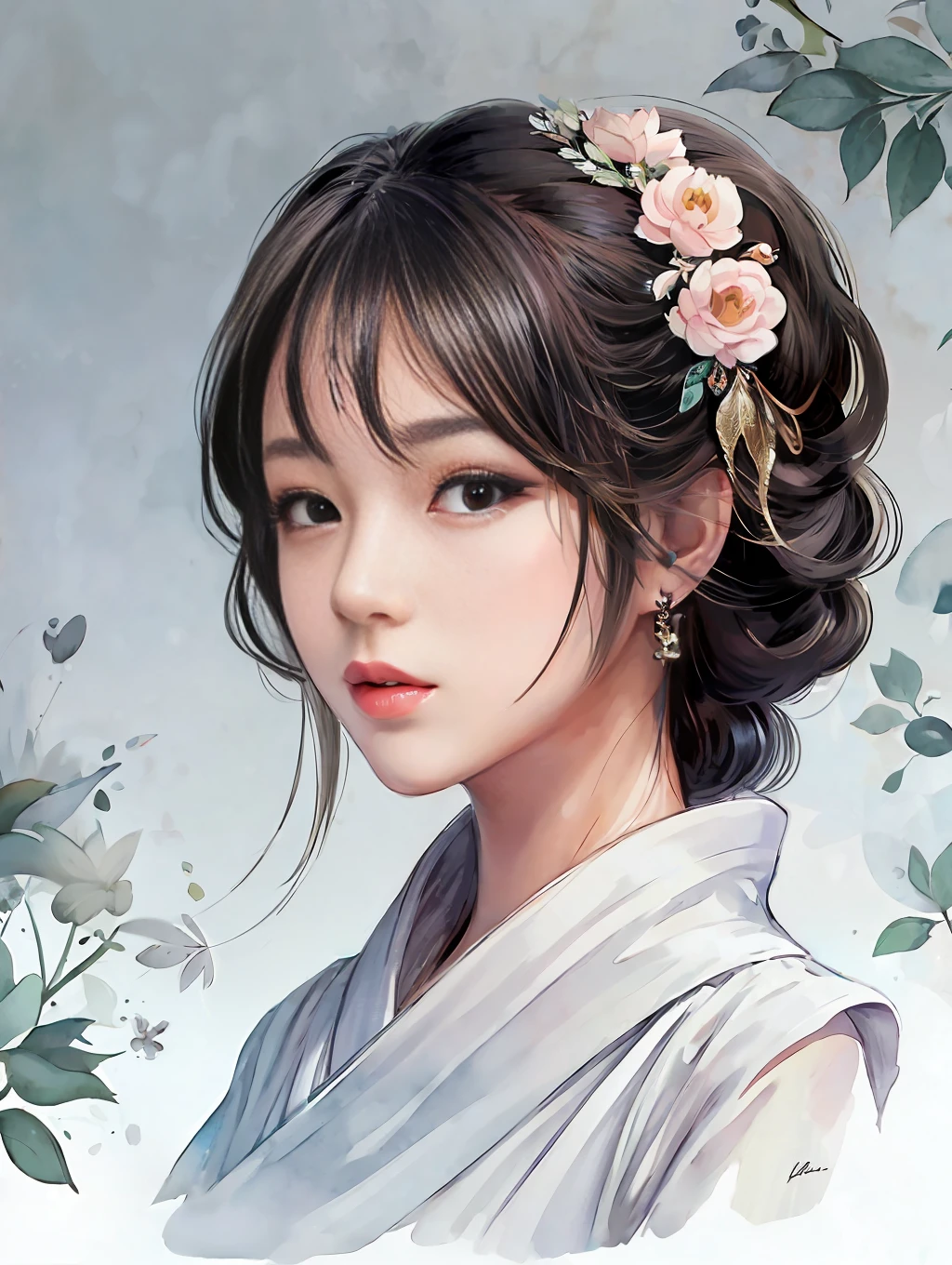 stechu,(white background:1.4), ((tachi-e)), original,(illustration:1.1),(best quality),(masterpiece:1.1),(extremely detailed CG unity 8k wallpaper:1.1), (colorful:0.9),(panorama shot:1.4),(solo:1.2), (ink splashing),(color splashing),((watercolor)), clear sharp focus,{ 1girl standing },((korean style )),flower background,outdoors,rocks, looking at viewer, make happy expressions,soft smile,pure,beautyfull detailed face and eyes,beautyfull intricacy clothing decorative pattern details, black hair,black eyes,colorwater