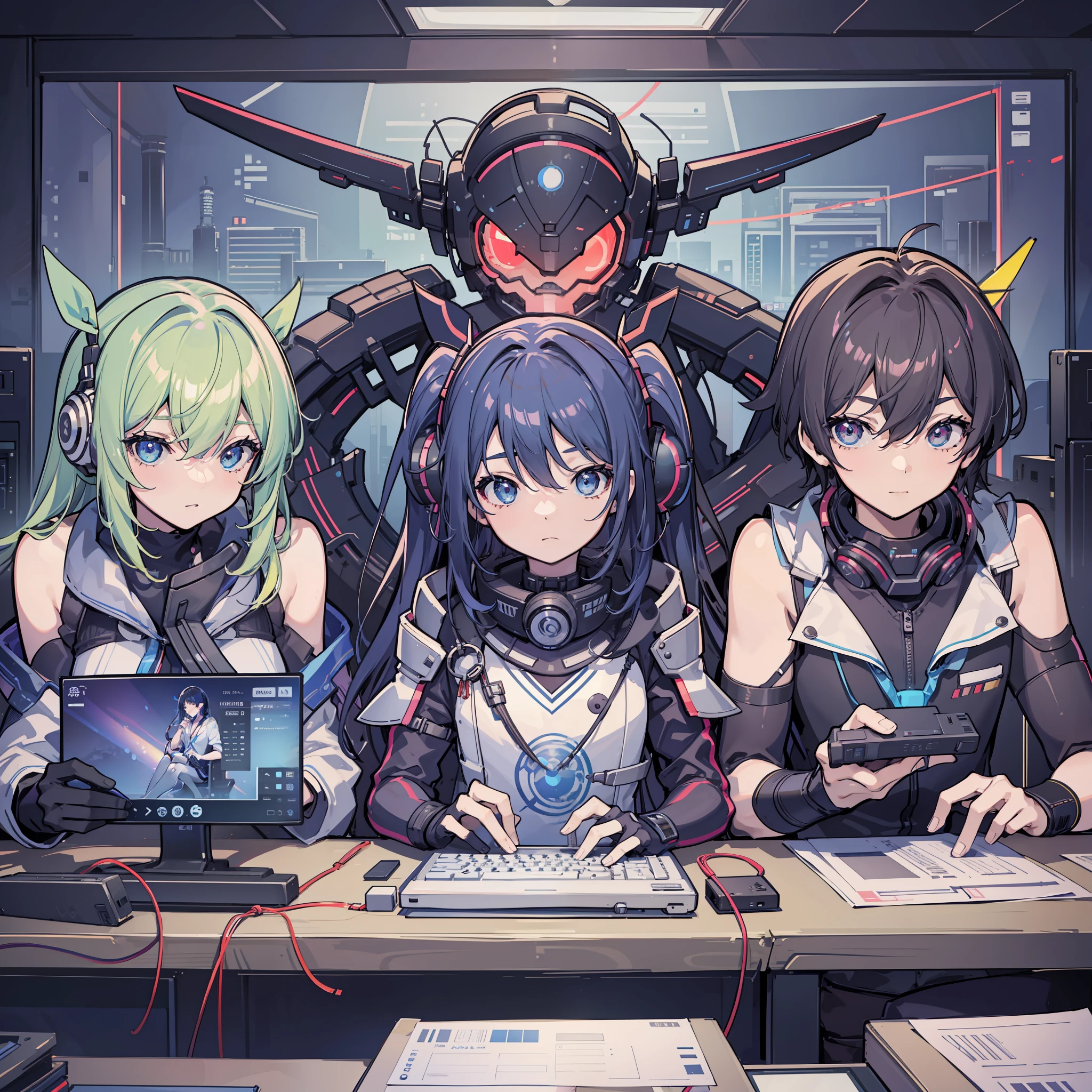 3 Men Sitting in Front of Computer Screen Holding Keyboard, Kavasi, Pop on CGSTATION, Visual Novel CG, Inspired by Bian Shoumin, Popular on CGSTATION, Guvez Style Artwork, Humachine Humanization Experiment