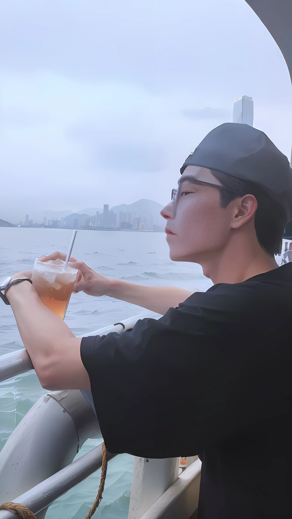 There is a man on the boat holding a drink, low-quality shot, Cai Xukun, on the boat, cool time. Good view, holding a drink, in Hong Kong, aesthetic shot, drink a drink, ocean in the background, high quality photo, high quality video, gaze at the water, 8k