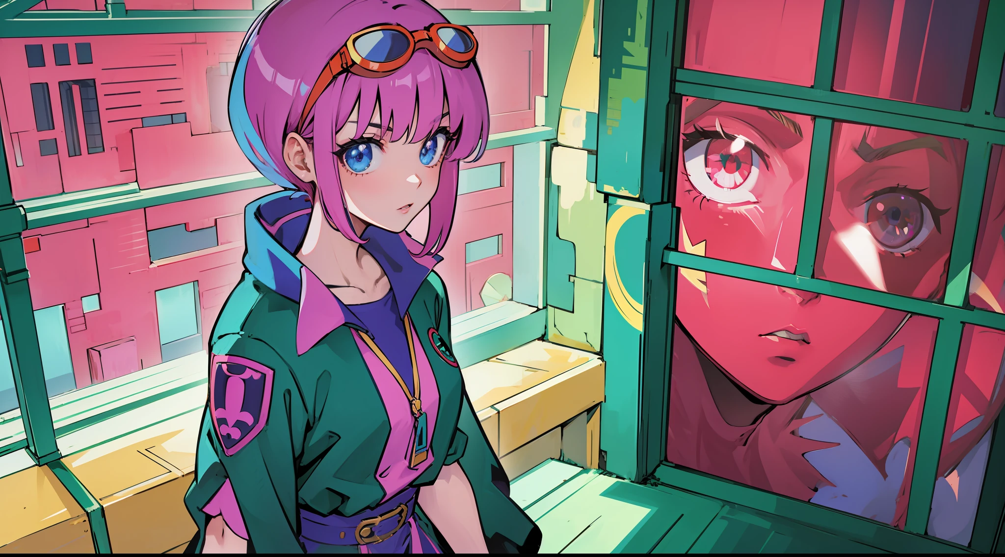 Anime 90s, aesthetics, nostalgia, Balenciaga Clothing, weapons, man, women's goggles gucci, anime, best quality, highres, 1080P, HD, 4K, high quality, high details, super detail, anatomically correct, textured skin