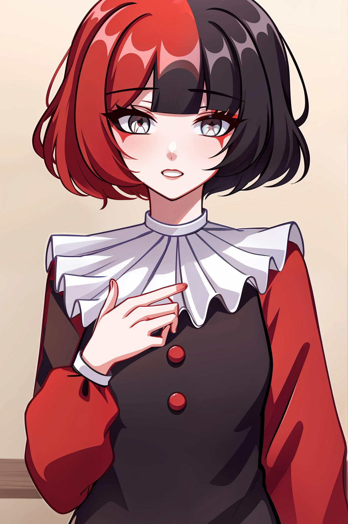 muff, red hair, black hair, multicolored hair, short hair,