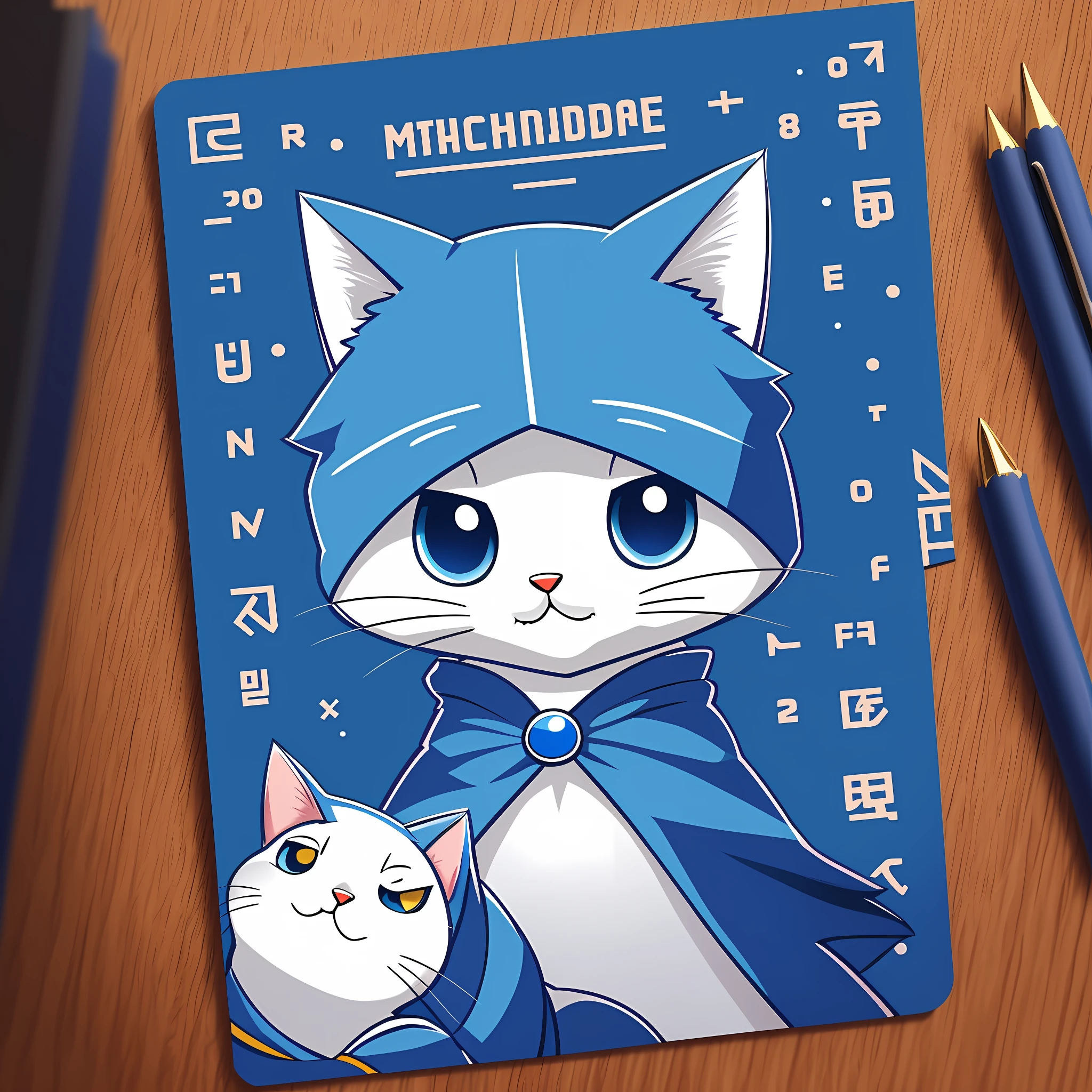 Cartoon cute slender cat in blue cape holding book, super math wizard cat, mascot illustration, dribbble.com mascot trend, Japan mascot, anthropomorphic cat, telegram sticker design, telegram sticker, high quality character design, dressed in blue cape, sports team mascot --auto --s2