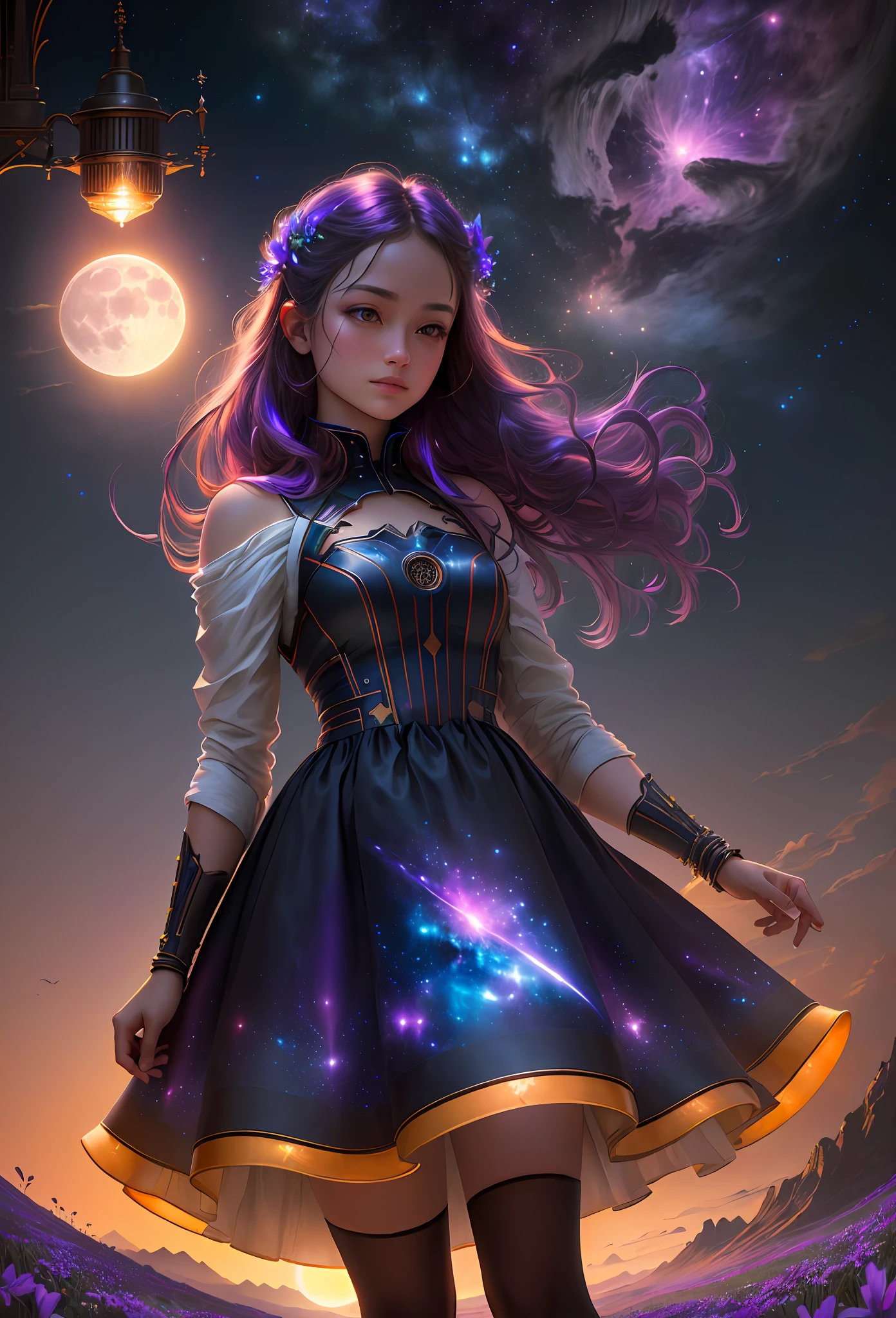 expansive landscape photograph , (a view from below that shows sky above and open field below), a girl standing on flower field looking up, (full moon:1.2), ( shooting stars:0.9), (nebula:1.3), distant mountain, tree BREAK
production art, (warm light source:1.2), (Firefly:1.2), lamp, lot of purple and orange, intricate details, volumetric lighting BREAK
(masterpiece:1.2), (best quality), 4k, ultra-detailed, (dynamic composition:1.4), highly detailed, colorful details,( iridescent colors:1.2), (glowing lighting, atmospheric lighting), dreamy, magical, (solo:1.2)