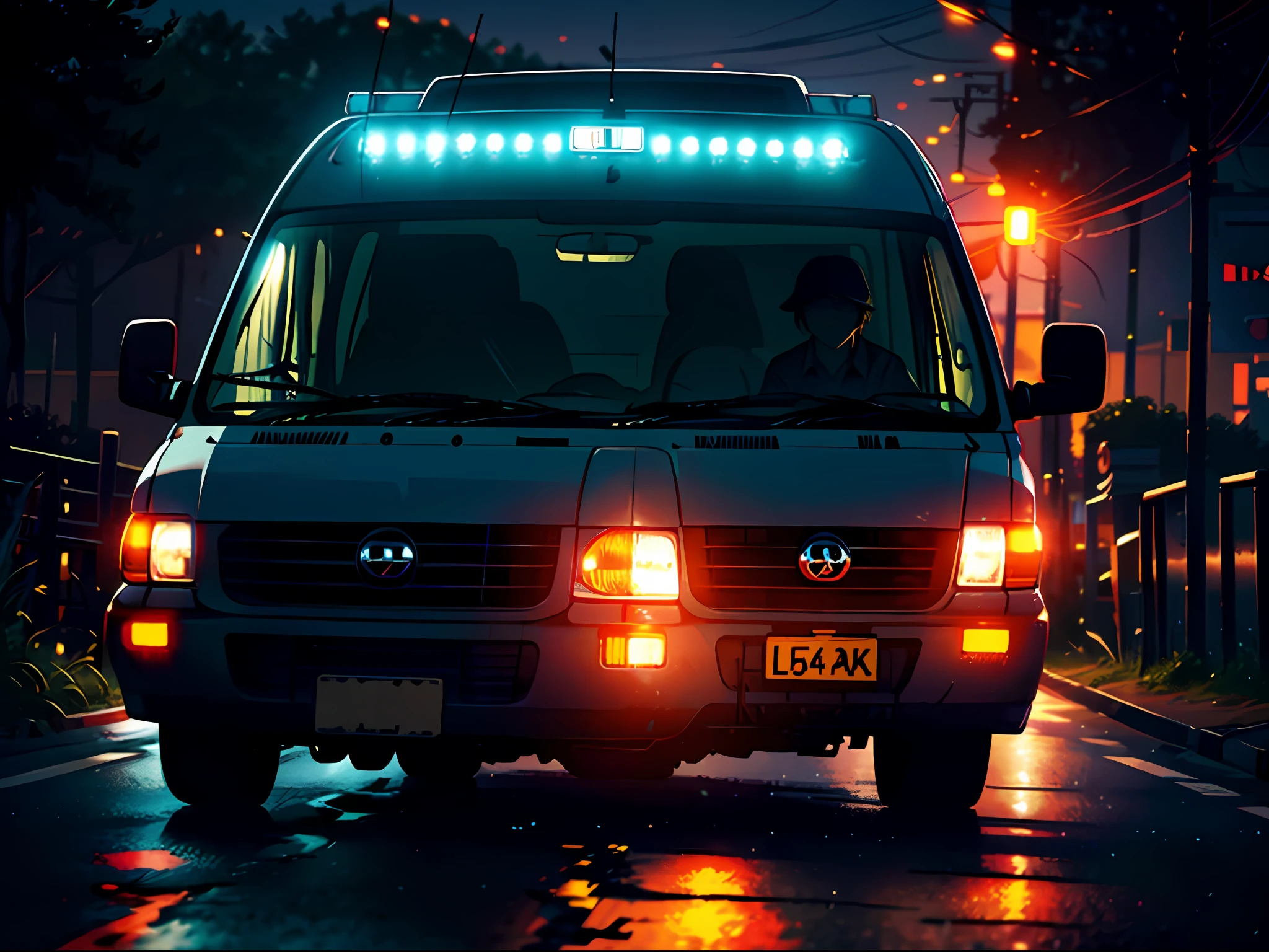 /imagine prompt: A rundown van driving in the dark with several passengers and a fisherman emitting a strong fishy smell. Suddenly, there's an unknown person in the car, with a face obscured in shadows, by cinematic --niji 5