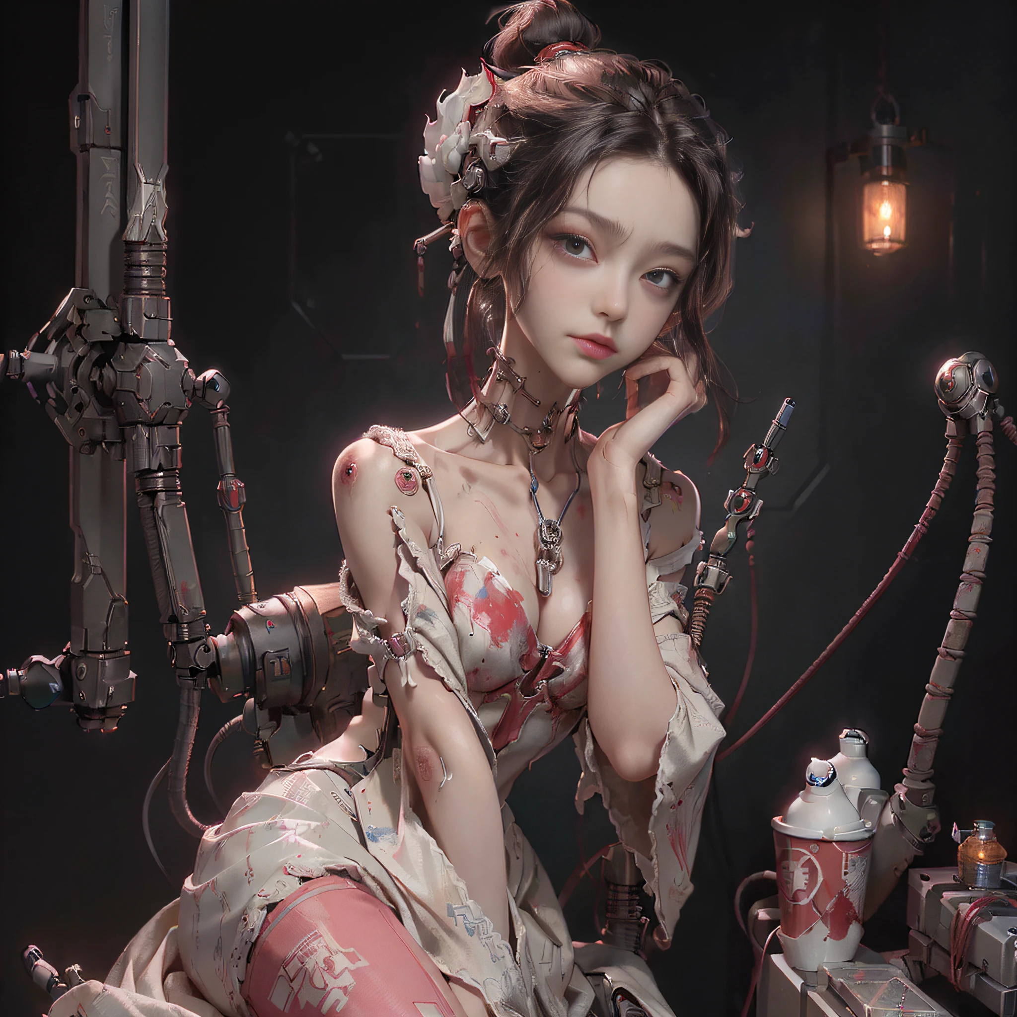 (((masterpiece))), ((best quality))), ((ultra-detailed)), (CG illustration), (an extremely devious and beautiful)), (cute desktop face), cinematic light, ((1 mechanical girl)), solo, whole body, (machine-made joints). : 1.4), ((mechanical limb)), (bursting muscle), (blood vessel attached to the tube), (brain in container: 1.3), (mechanical vertebrae attached to the back)), ((mechanical cervical vertebrae attached to the neck)), ((sitting)), expressionless, (wires and cables attached to the head and body: 1.5), small chest, short hair, (character focus), science fiction, hands tied to stools, 1 girl