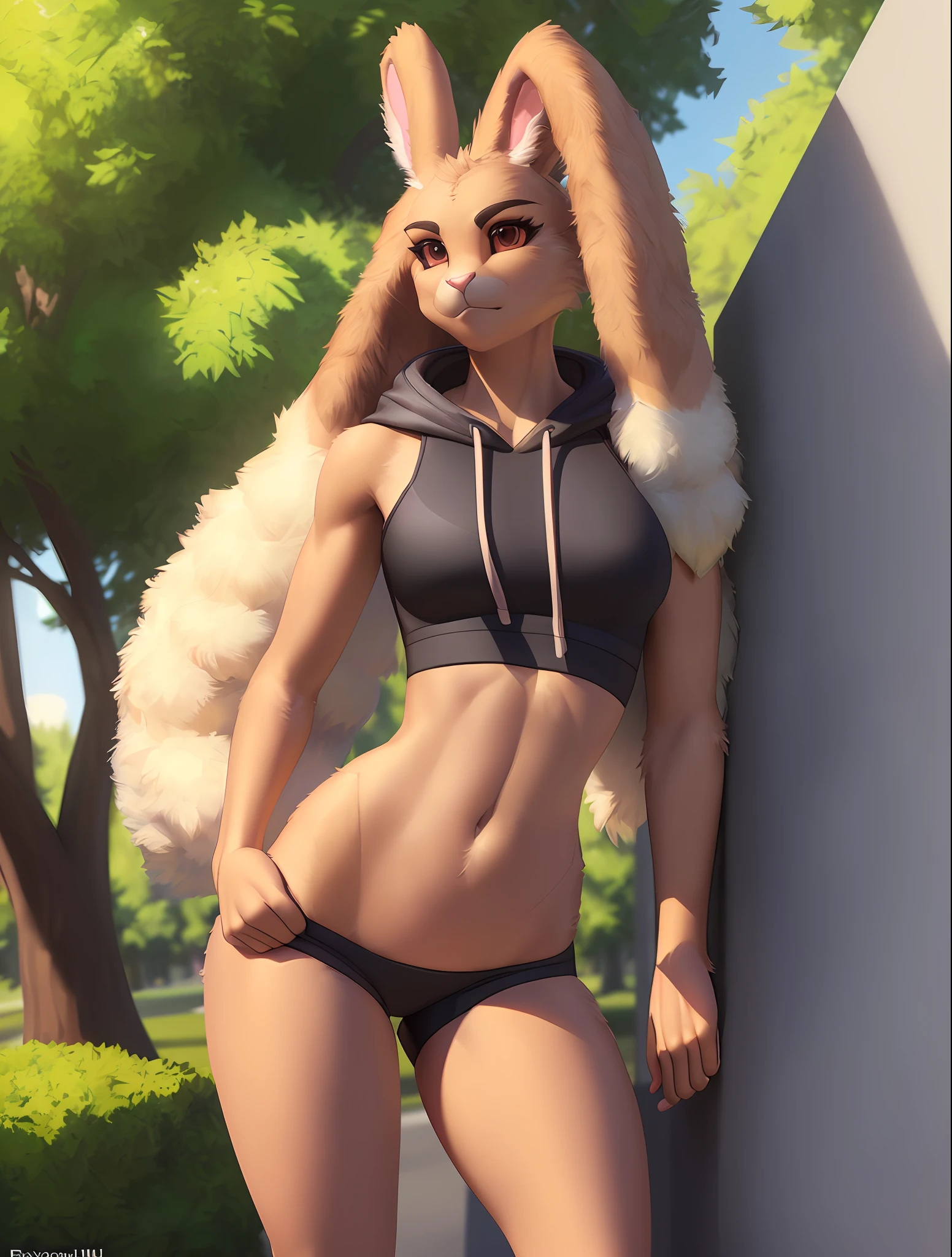 [pokemon; lopunny], [Uploaded to e621.net; (Foxovh), (Pixelsketcher), (mayosplash)], ((masterpiece)), ((solo portrait)), ((full body)), ((furry; anthro lop bunny girl)), ((detailed fur)), ((raytracing)), ((detailed shading)), ((beautiful render art)), {(anthro pokemon; lopunny, brown fur, (long floppy ears; lop bunny ears, ears down back), fluffy beige rabbit tail), (frown; long beige fluffy eyebrows), curvaceous hips, teal pull-over hoodie, black yoga pants, athletic body}, (leaning on wall; attractive pose), [background; (park; sunny, trees)]