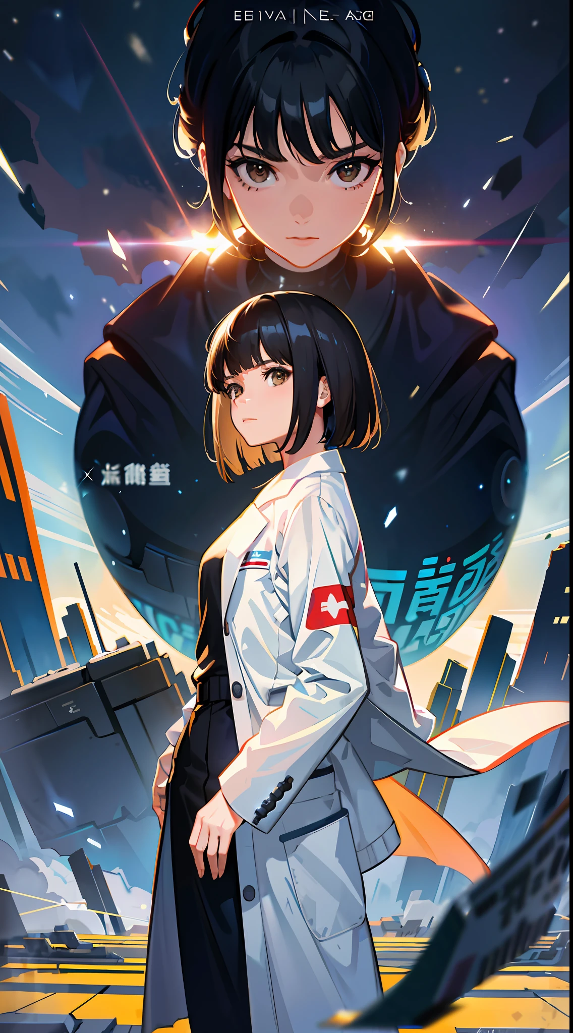 Movie Poster,Science Fiction,Sci-Fi Movies,Movie Based Foundation ,Woman,Adult,Protagonist,28 years old ,hopeful face,brown eyes,short hairstyle,black hair with white gray,scientist uniform,blank white researcher robe,rebel,chaotic city,future world,world of socialism,snow,chaos