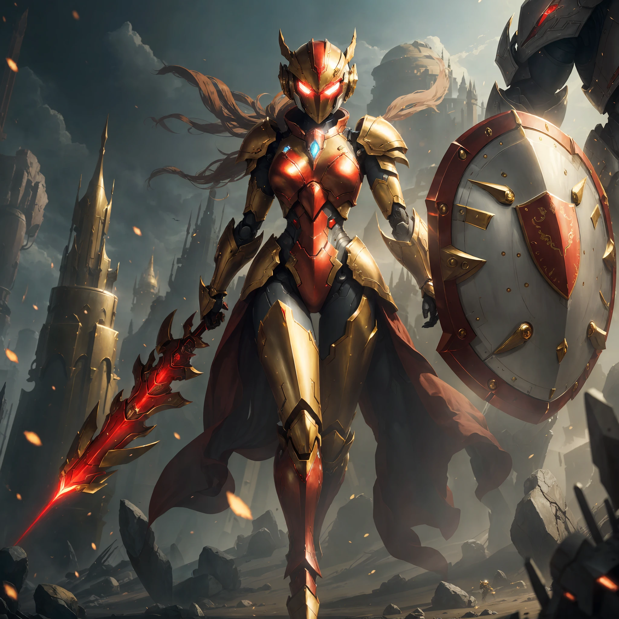 Well-lit image, high quality. Ultra realistic, Robot with feminine appearance, full body, with legs and arm well visible, wearing red armor with gold details. Holding a shield. Facing the camera.