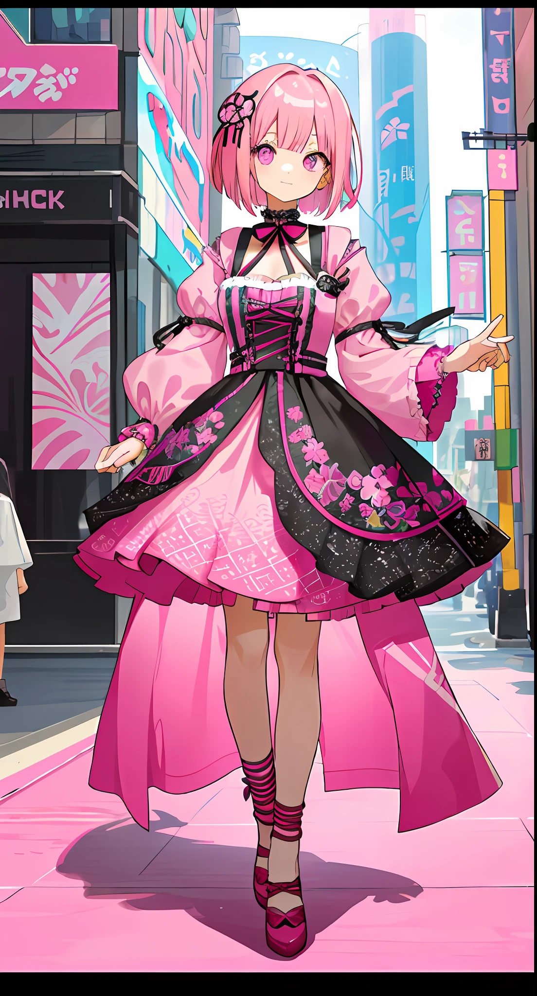 ((Masterpiece, best quality)),1 Girl, Solo, Contemporary, (1 Girl, Solo:1.4), (full_body:1.3), Beautiful Detail Eyes, Vivid, (Big), Colorful, (Posing, Clothing Store, Well Decorated, Cluttered:1.4), Detailed Background, Break (Shibari:1.3), (pink_eyes), (Short Bob Hair, pink_ hair:1.2), looking_viewer, (ribbon,jewelry, sticker), (vivid and intricate pattern, colorful clothes, harajuku fashion: 1.4), pink hair, hair inside also pink, vignette effect, cleavage, breast, sexy, detailed hands, detailed fingers, precise fingers, bell hair ornament