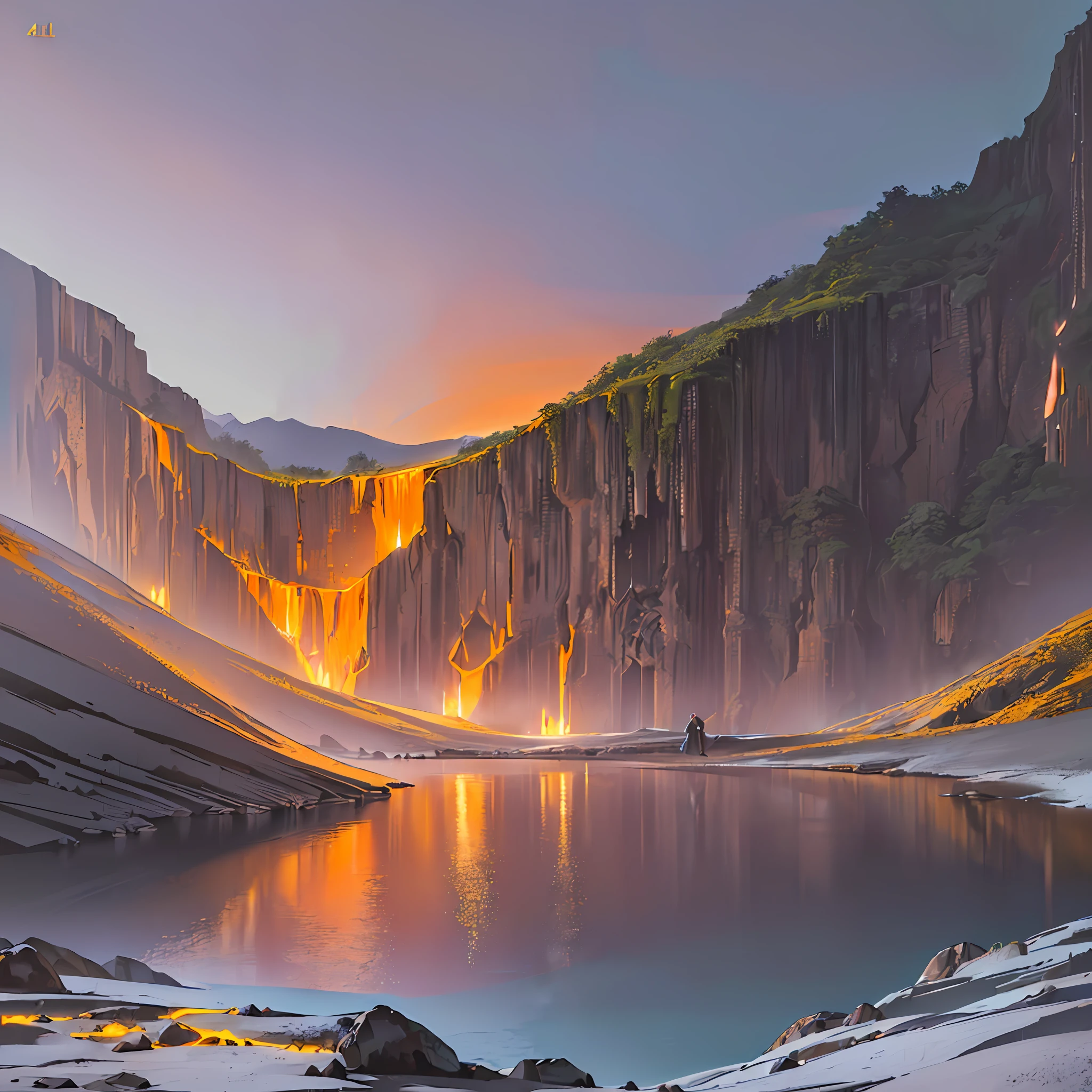 extensive landscape photography (view from below, which shows the vault of the cave, (detailed description of the cave), stalactites, stalagmites, as well as helicates, lake, lava, below), solo, gray-haired guy, 1:1, (ultradetailed description of appearance( standing on a stone ledge and looking down (lake of fire: 1.2), (falling stones: 0.9), (fire: 1.3), crystals, stones, lava, cave BREAK production art, (cold light source:1.2), (Firefly:1.2), fiery visse, fire particles, lots of dark, red, yellow and orange, intricate details, volumetric lighting, BREAK realism (masterpiece:1.2), (best quality), 4k, ultra-detailed, (dynamic composition: 1.4), high detailed, colorful details, (gloomy colors: 1.2), (luminous lighting, gloomy atmospheric lighting), gloomy, magical, (solo: 1.2) --auto --s2