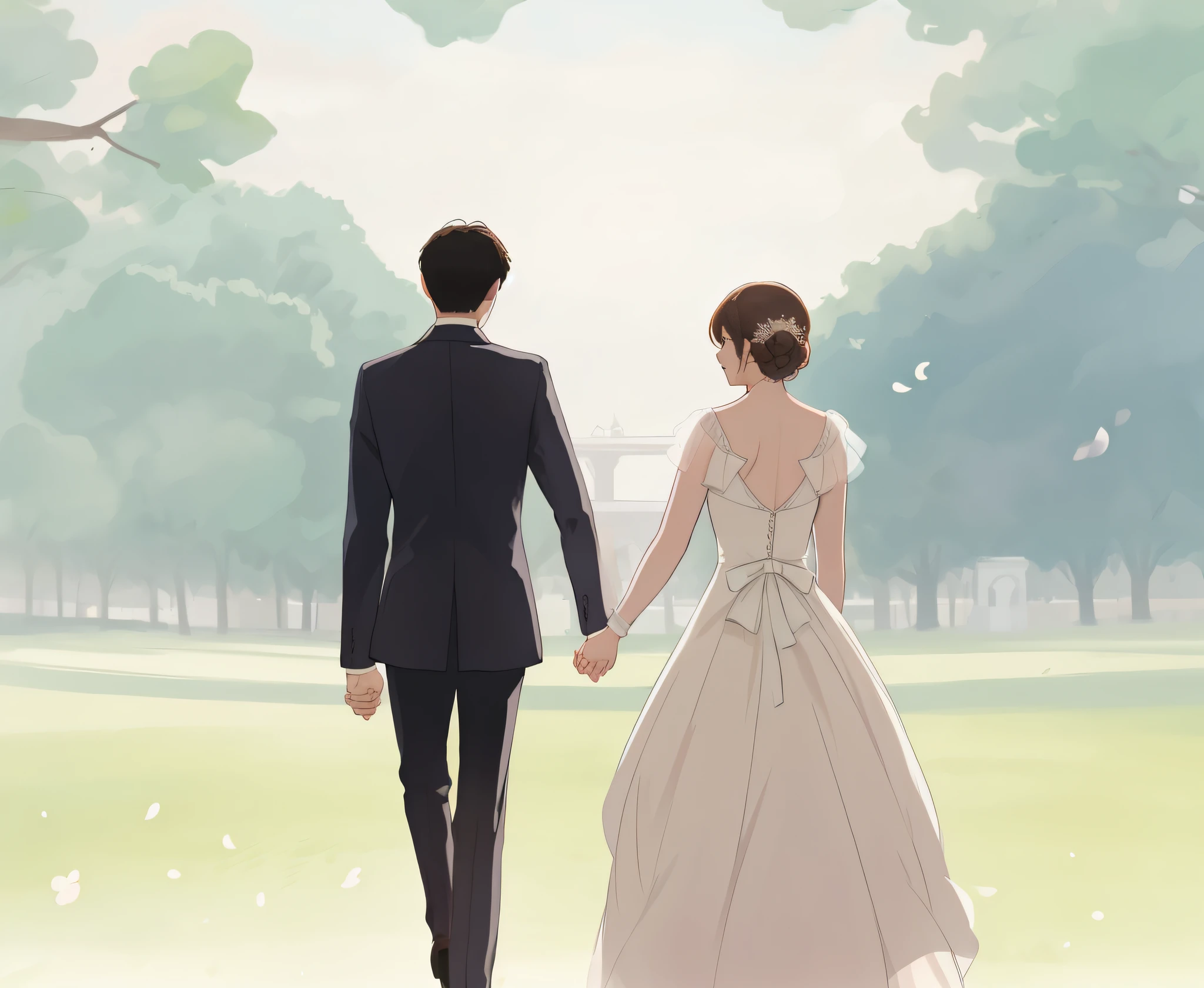 there are two people walking in a park holding hands, walking together, blurry and dreamy illustration, lovely couple, official fanart, blurred and dreamy illustration, couple walking hand in hand, by JoWOnder, couple, holding hands, romantic couple, digital art of an elegant, a beautiful artwork illustration, wedding photo, dreamy and romantic, holding hand, happy couple, beautiful drawing style