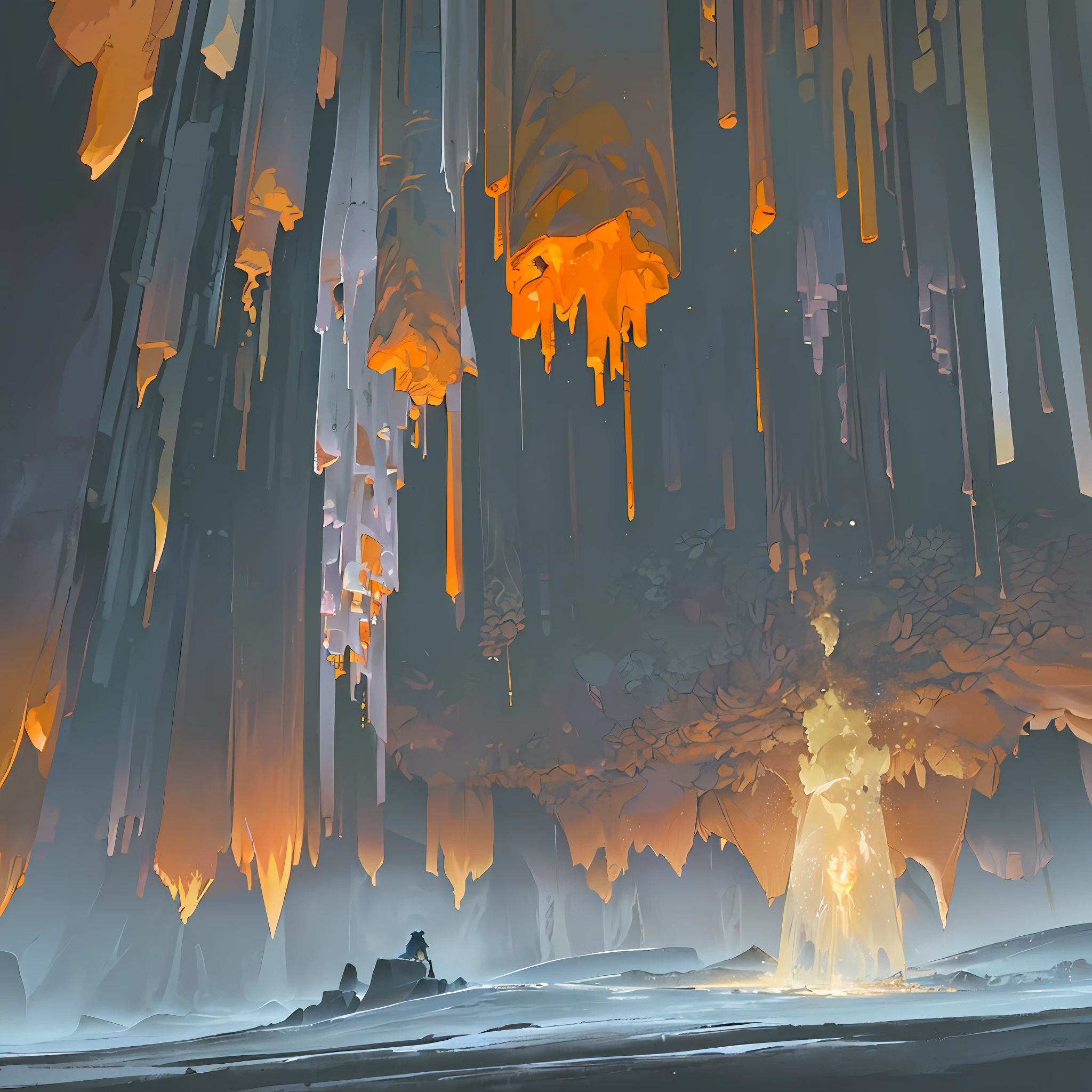 extensive landscape photography (view from below, which shows the vault of the cave, (detailed description of the cave), stalactites, stalagmites, as well as helicates, lake, lava, below), solo, gray-haired guy, 1:1, (ultradetailed description of appearance( standing on a stone ledge and looking down (lake of fire: 1.2), (falling stones: 0.9), (fire: 1.3), crystals, stones, lava, cave BREAK production art, (cold light source:1.2), (Firefly:1.2), fiery visse, fire particles, lots of dark, red, yellow and orange, intricate details, volumetric lighting, BREAK realism (masterpiece:1.2), (best quality), 4k, ultra-detailed, (dynamic composition: 1.4), high detailed, colorful details, (gloomy colors: 1.2), (luminous lighting, gloomy atmospheric lighting), gloomy, magical, (solo: 1.2) --auto --s2