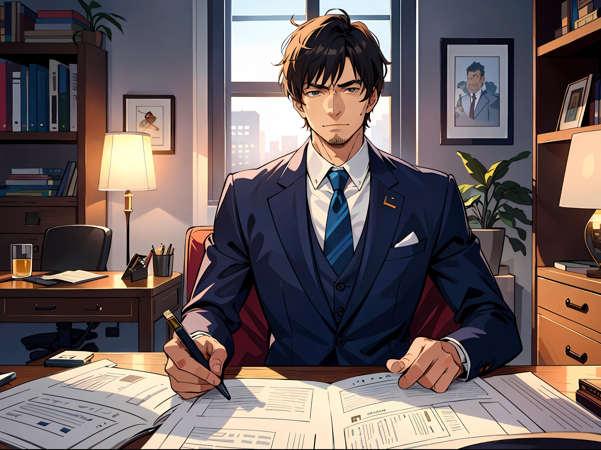 High resolution, highest quality, illustrations, super detail, a heroic middle-aged entrepreneur is sitting in a luxurious office with an incredible expression on his face