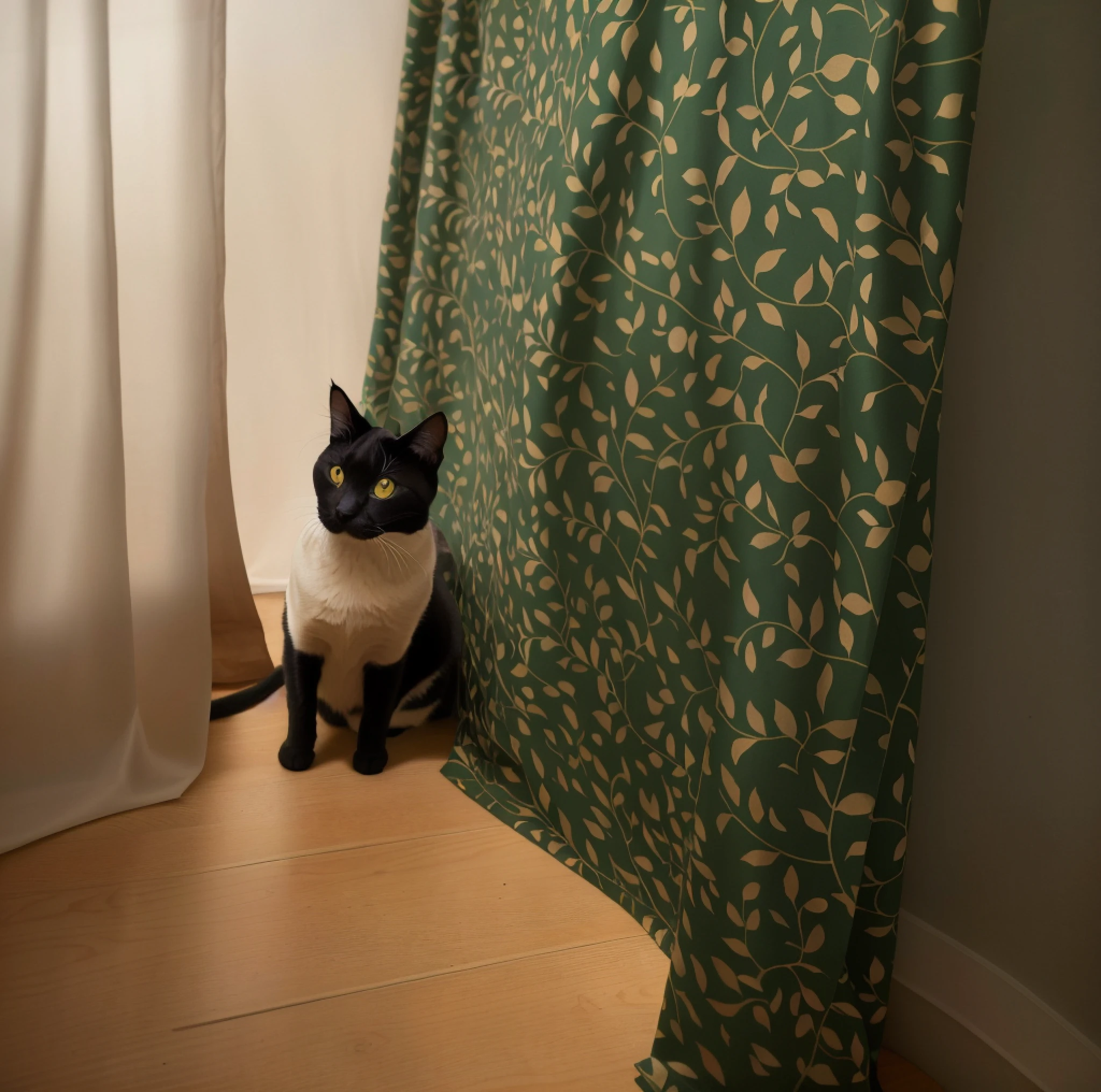 there is a cat sitting behind a curtain in a room, designed for cozy aesthetics!, portrait photo of a backdrop, elegant cat, mid shot portrait, cats and plants, portrait shot, inspired by Jean-Léon Gérôme, wallpaper!, still life photo of a backdrop, inspired by Alexandre Cabanel, semi - realistic render