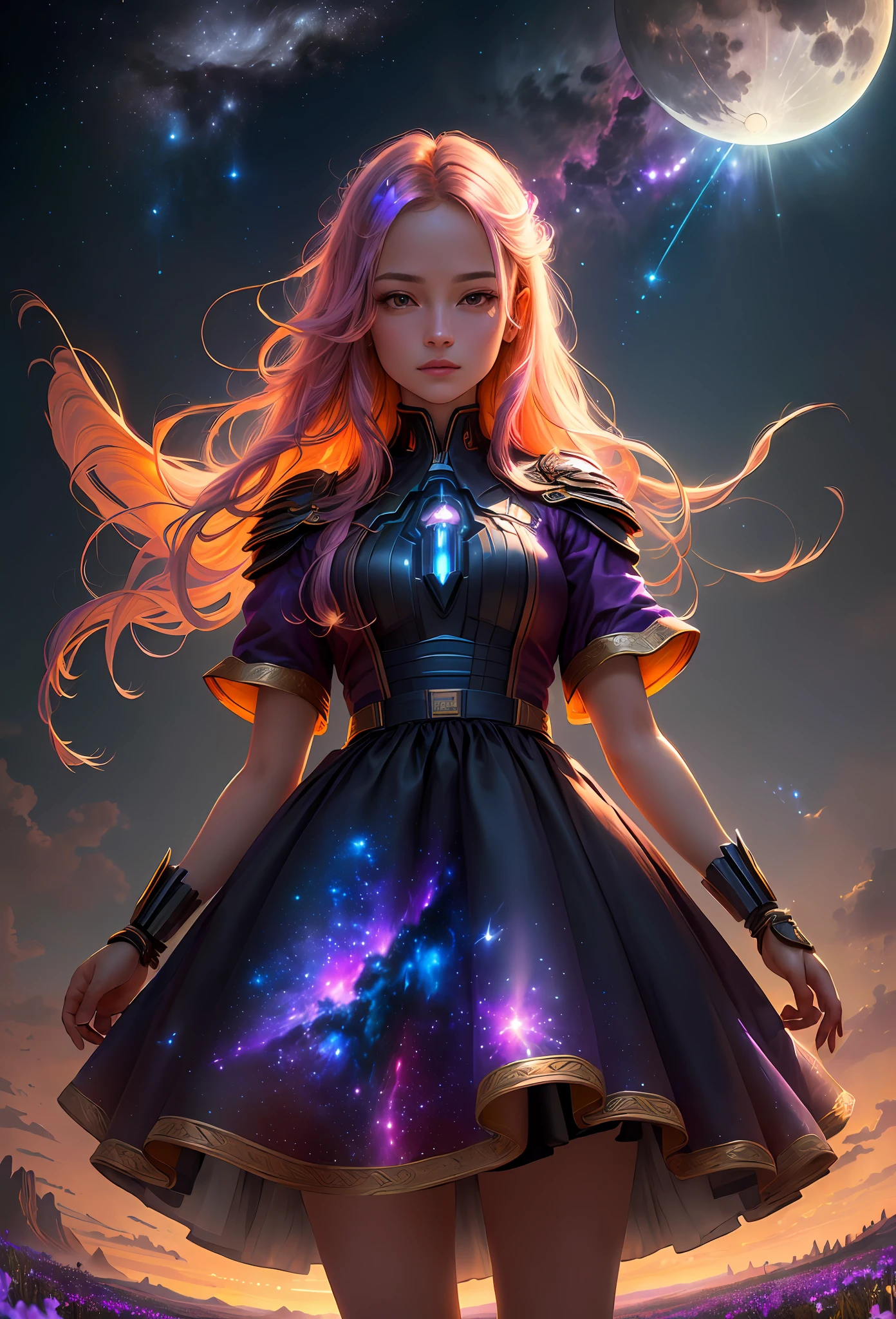expansive landscape photograph , (a view from below that shows sky above and open field below), a girl standing on flower field looking up, (full moon:1.2), ( shooting stars:0.9), (nebula:1.3), distant mountain, tree BREAK
production art, (warm light source:1.2), (Firefly:1.2), lamp, lot of purple and orange, intricate details, volumetric lighting BREAK
(masterpiece:1.2), (best quality), 4k, ultra-detailed, (dynamic composition:1.4), highly detailed, colorful details,( iridescent colors:1.2), (glowing lighting, atmospheric lighting), dreamy, magical, (solo:1.2)