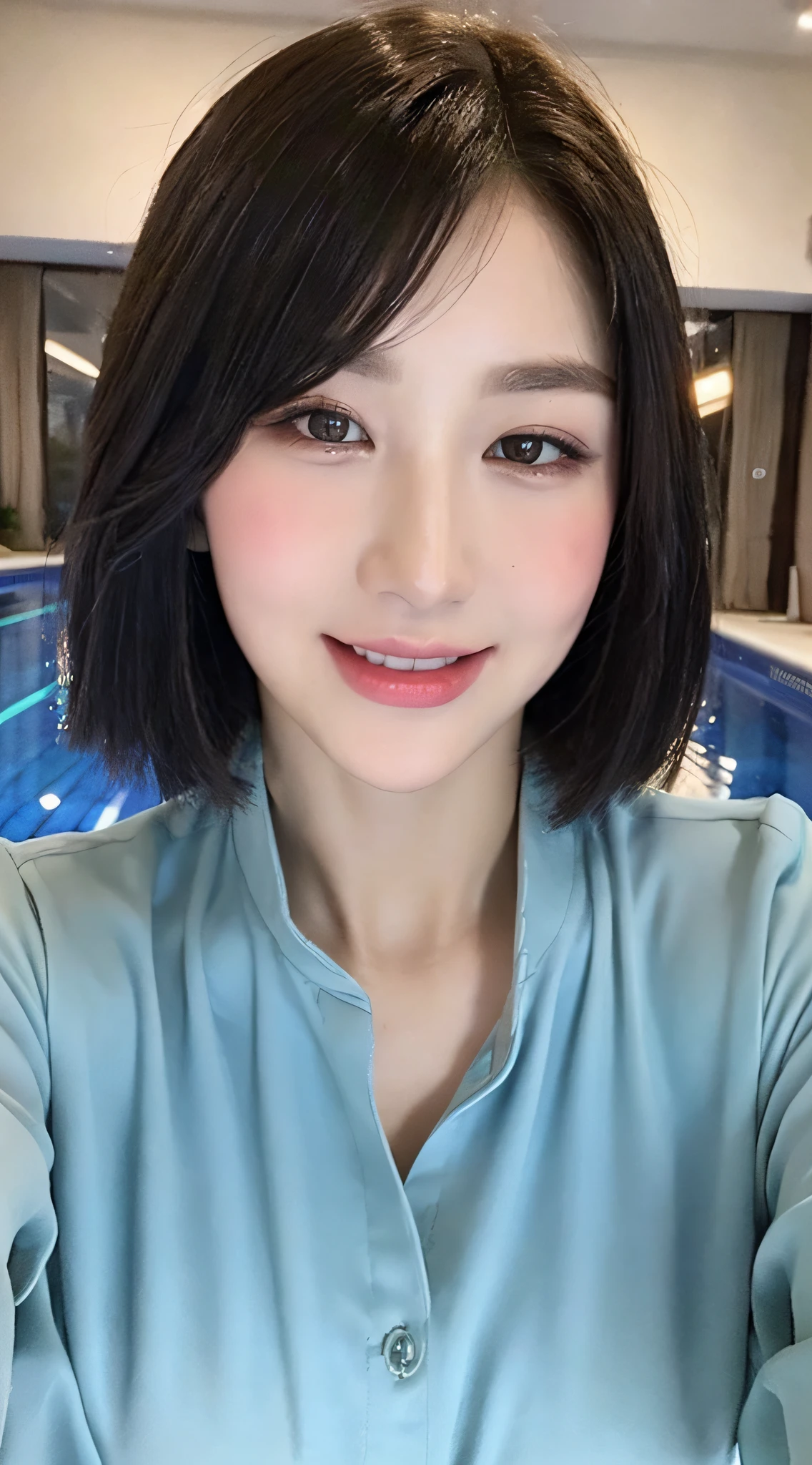 ((Top Quality, 8k, Masterpiece: 1.3)), Crisp Focus: 1.2, Beautiful Women with Perfect Figure: 1.4, Slender Abs: 1.2, ((Layer Cut, Big: 1.9)), (Long Shirt with Wet Thin Button Fastening: 1.1), (Rain, City: 1.2), Wet Body: 1.1, Highly Detailed Face and Skin Texture, Detailed Eyes, Double Eyelids, Beauty, (((Colossal)), Big, emphasized, smile, seduction, pool, shiny skin, ((short hair)),