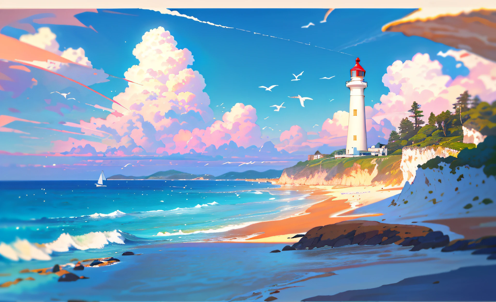 (masterpiece, best quality: 1.1), wide angle, from below, (white cliff), mountain, blue ocean, low tide, waves, rocky beach, trajectory, seagull, horizon, breeze, summer, morning, clear sky, clouds, calm, fresh air, sailboat, lighthouse, depth of field