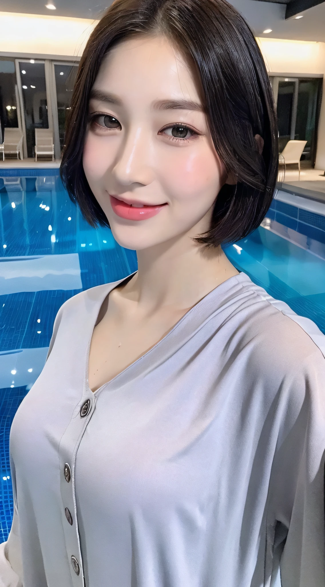 ((Top Quality, 8k, Masterpiece: 1.3)), Crisp Focus: 1.2, Beautiful Women with Perfect Figure: 1.4, Slender Abs: 1.2, ((Layer Cut, Big: 1.9)), (Long Shirt with Wet Thin Button Fastening: 1.1), (Rain, City: 1.2), Wet Body: 1.1, Highly Detailed Face and Skin Texture, Detailed Eyes, Double Eyelids, Beauty, (((Colossal)), Big, emphasized, smile, seduction, pool, shiny skin, ((short hair)),