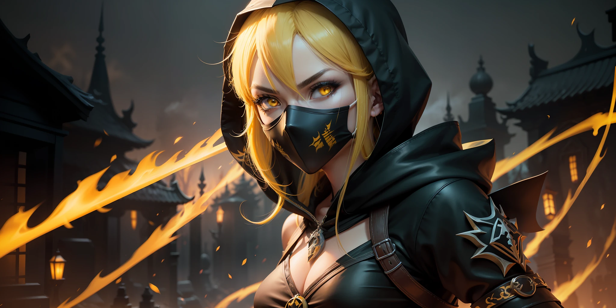 A full-body shot of Princess Zelda, yellow hair, yellow eyes, dressed as a Ninja in black+neon yellow with a black mask and hood with yellow details, XL bust, holding a flaming Kunai attached to a chain. Background: ghoulish cemetery at night with fog. Mortal Kombat, Unreal Engine 5, Anime, Anime style, Masterpiece, Well drawn eyes, well drawn face, well detailed eyes, well detailed face, 8k, light and shadow effect