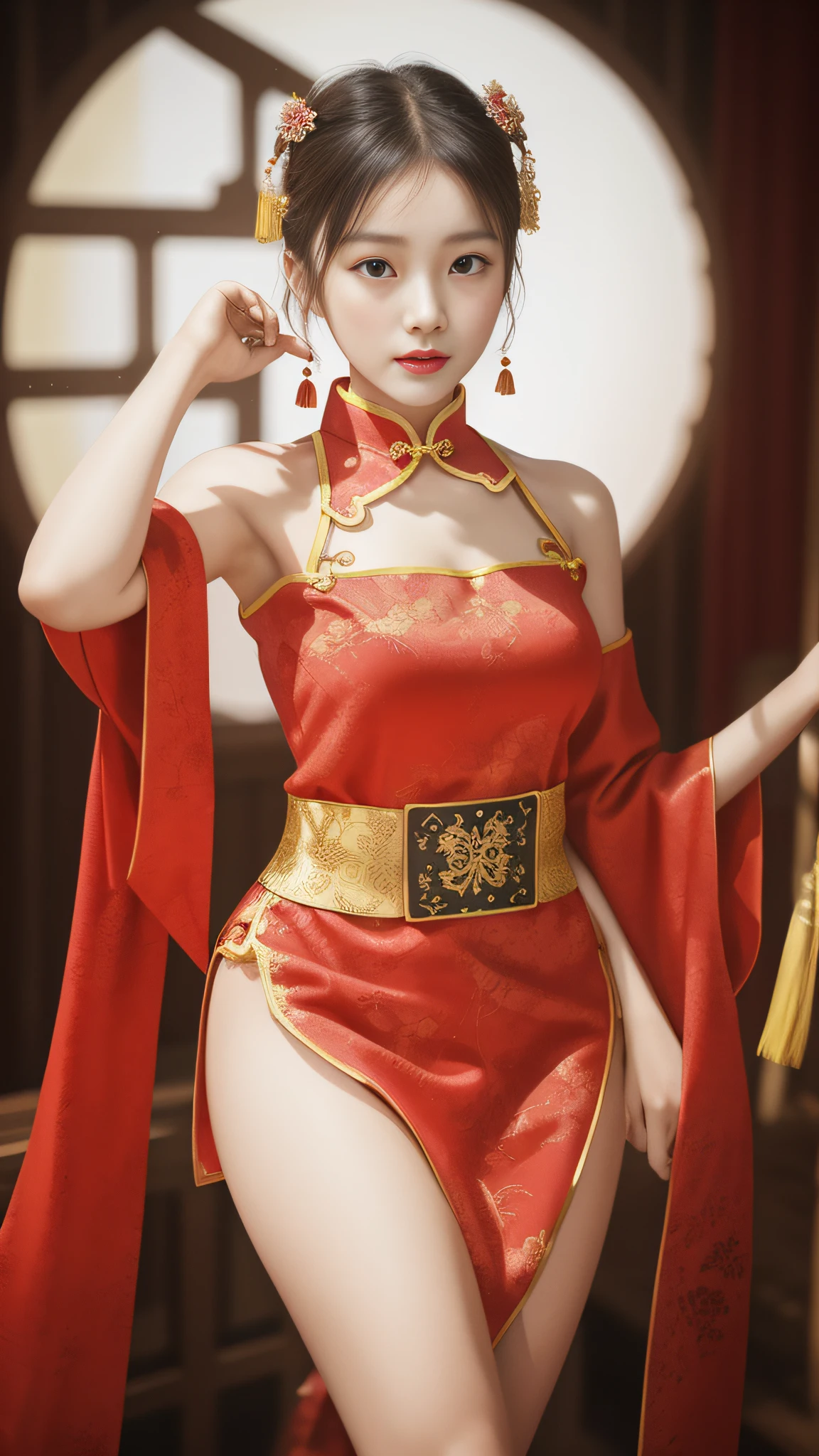 there is a woman in a red dress posing for a picture, wearing a red cheongsam, palace ， a girl in hanfu, chinese costume, trending on cgstation, cheongsam, inspired by Lan Ying, wearing ancient chinese clothes, with acient chinese clothes, chinese dress, inspired by Wang Meng, beautiful render of tang dynasty