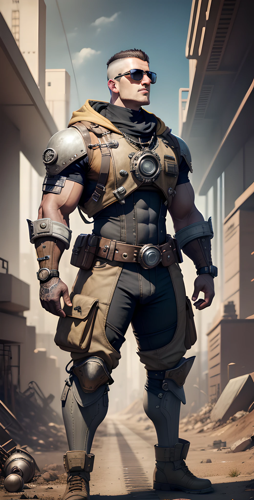 Male on the Wasteland, tall and burly, pure white tights, big muscles, big bumps, Buzz cut, black sunglasses, black military boots, buzz cut, steampunk style, steampunk art, complex mechanical devices such as gears, pipes, valves, (huge industrial building: 1.4), gray theme, retro futurism, crazy details, (Fujiflim XT3), 20 megapixels, detailed, cinematic particles,