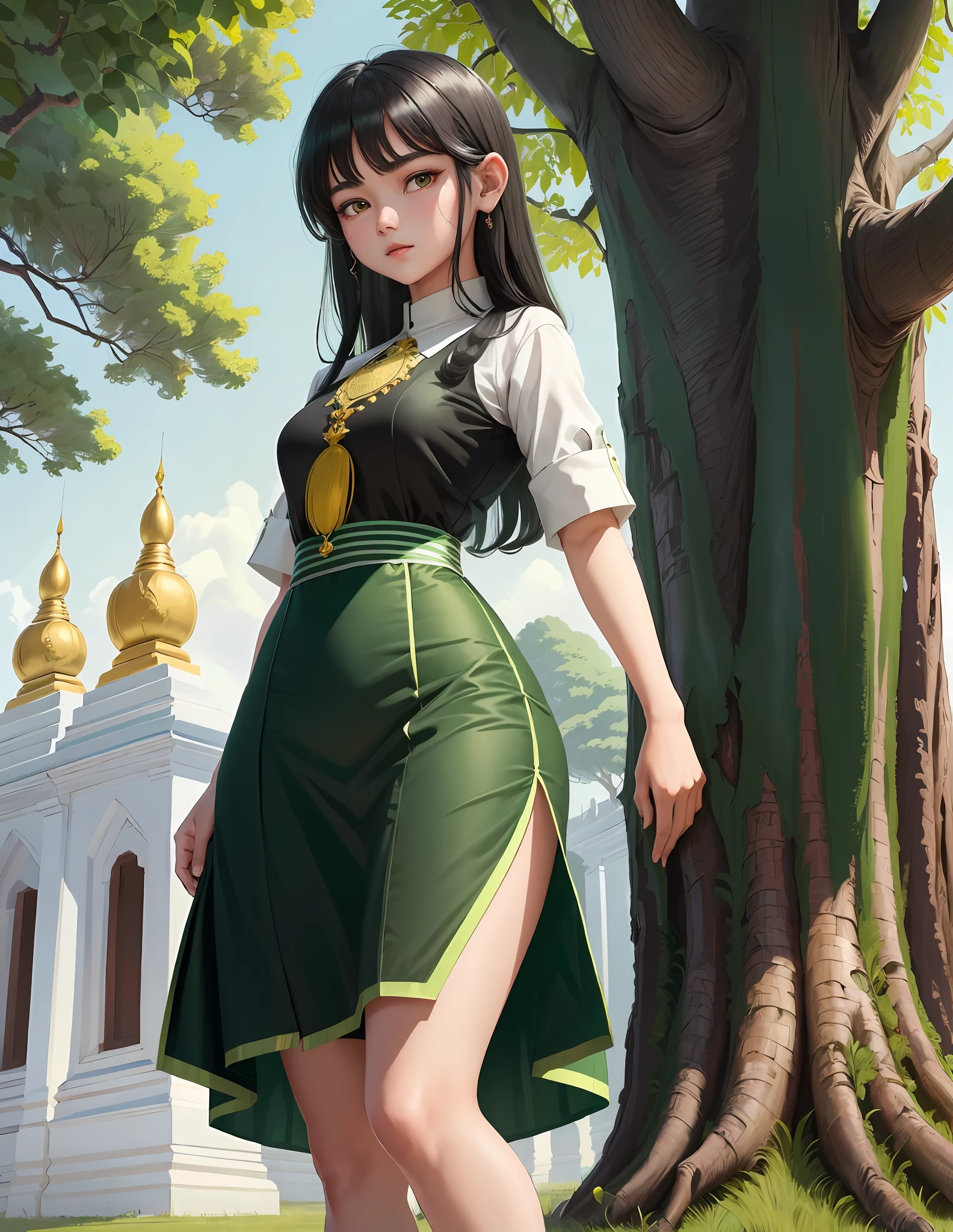 (1 girl)(extremely detailed , 8k 4k wallpaper),(masterpiece), (best quality), (ultra-detailed), (best illustration), (black hair:1.2)(black eyes:1.1),(myanmar school unifrom)(upperwhite shirt and under green short skart :myanmar tradition dress:1.3), under tree, background, 8k,hight resolution: