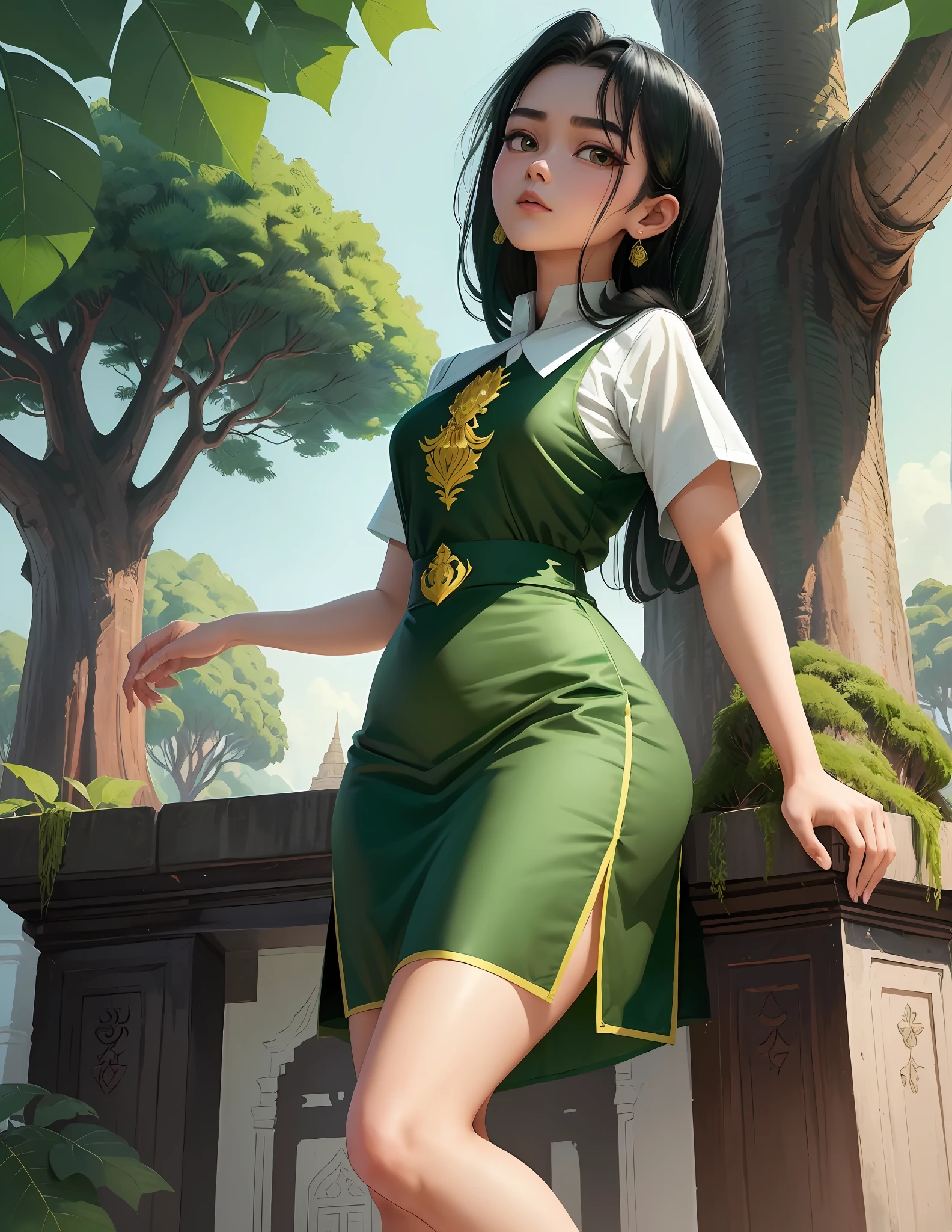 (1 girl)(extremely detailed , 8k 4k wallpaper),(masterpiece), (best quality), (ultra-detailed), (best illustration), (black hair:1.2)(black eyes:1.1),(myanmar school unifrom)(upperwhite shirt and under green short skart :myanmar tradition dress:1.3), under tree, background, 8k,hight resolution: