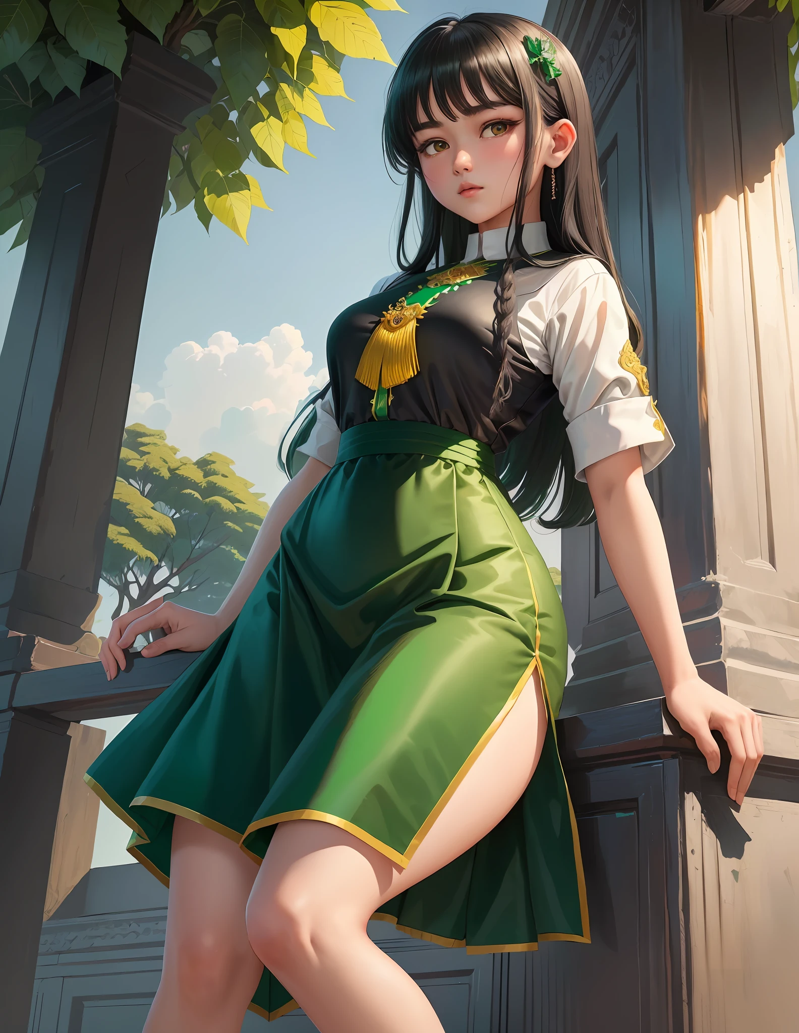 (1 girl)(extremely detailed , 8k 4k wallpaper),(masterpiece), (best quality), (ultra-detailed), (best illustration), (black hair:1.2)(black eyes:1.1),(myanmar school unifrom)(upperwhite shirt and under green short skart :myanmar tradition dress:1.3), under tree, background, 8k,hight resolution: