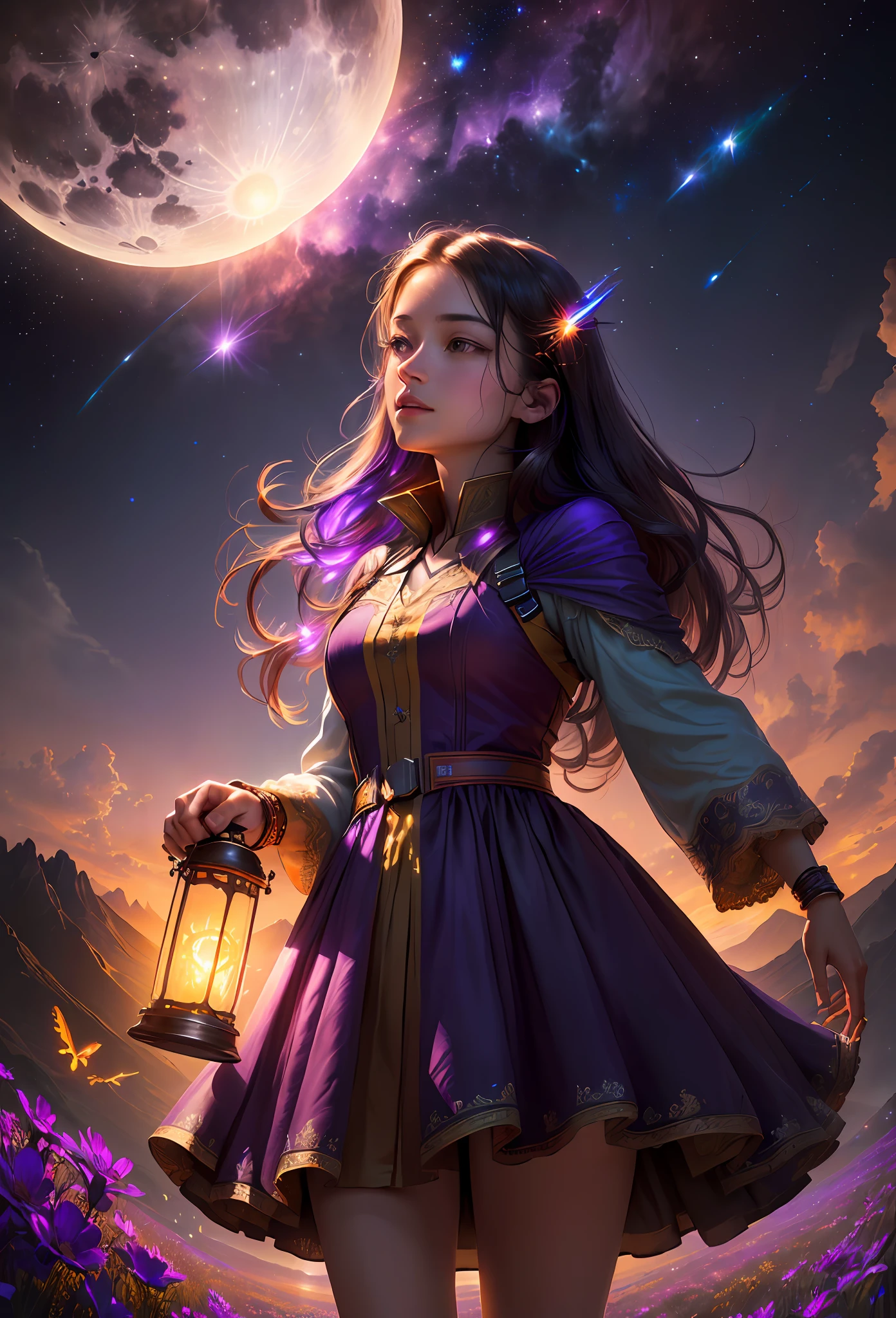 expansive landscape photograph , (a view from below that shows sky above and open field below), a girl standing on flower field looking up, (full moon:1.2), ( shooting stars:0.9), (nebula:1.3), distant mountain, tree BREAK
production art, (warm light source:1.2), (Firefly:1.2), lamp, lot of purple and orange, intricate details, volumetric lighting BREAK
(masterpiece:1.2), (best quality), 4k, ultra-detailed, (dynamic composition:1.4), highly detailed, colorful details,( iridescent colors:1.2), (glowing lighting, atmospheric lighting), dreamy, magical, (solo:1.2)