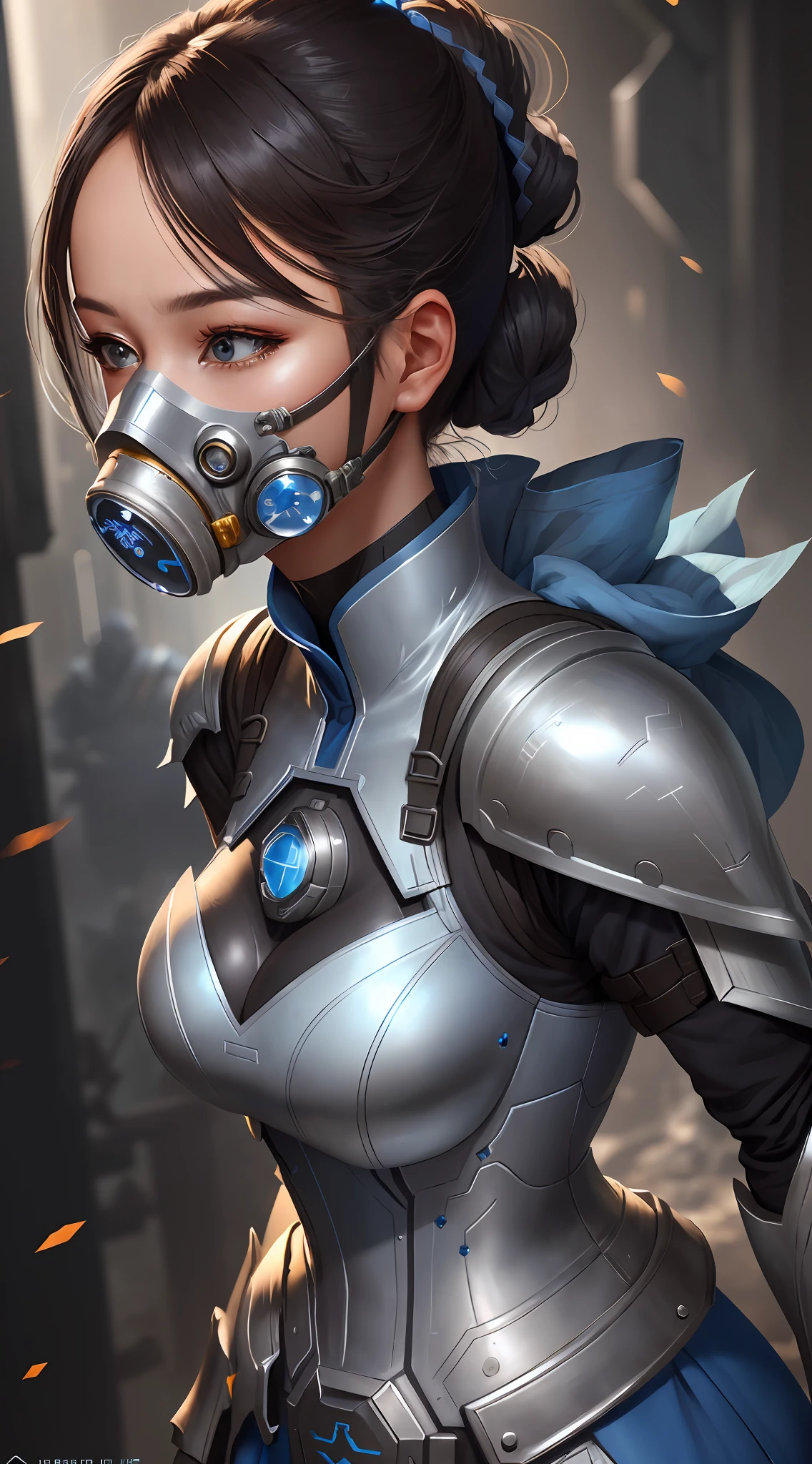 a close up of a woman using gas mask in a silver and blue dress, chengwei pan on artstation, by Yang J, detailed fantasy art, stunning character art, fanart best artstation, epic exquisite character art, beautiful armor, extremely detailed artgerm, detailed digital anime art, artgerm on artstation pixiv, armor girl